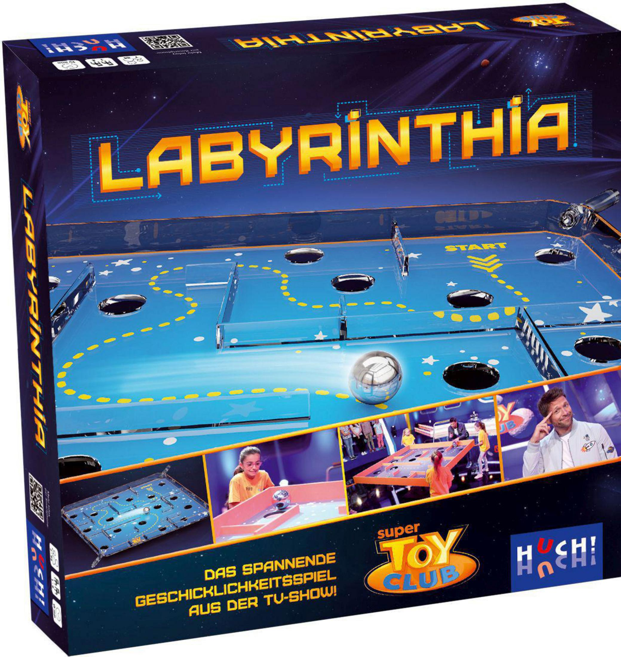 Eine Brettspielbox mit dem Titel „Labyrinthia“ mit einem Spielbild und einem „Super Toy Club“-Logo.