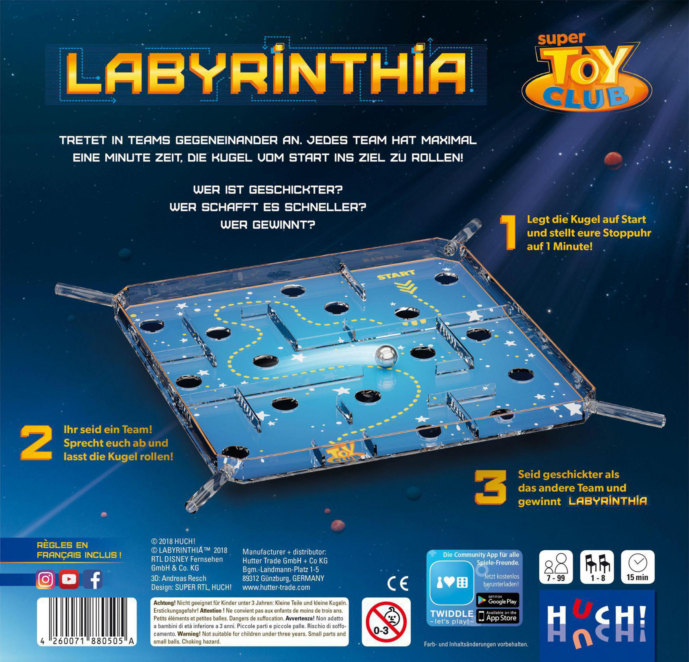 Labyrinthia-Spiel. Ein klares Brett mit einer Kugel darin und Anweisungen. Blauer Hintergrund und Text.