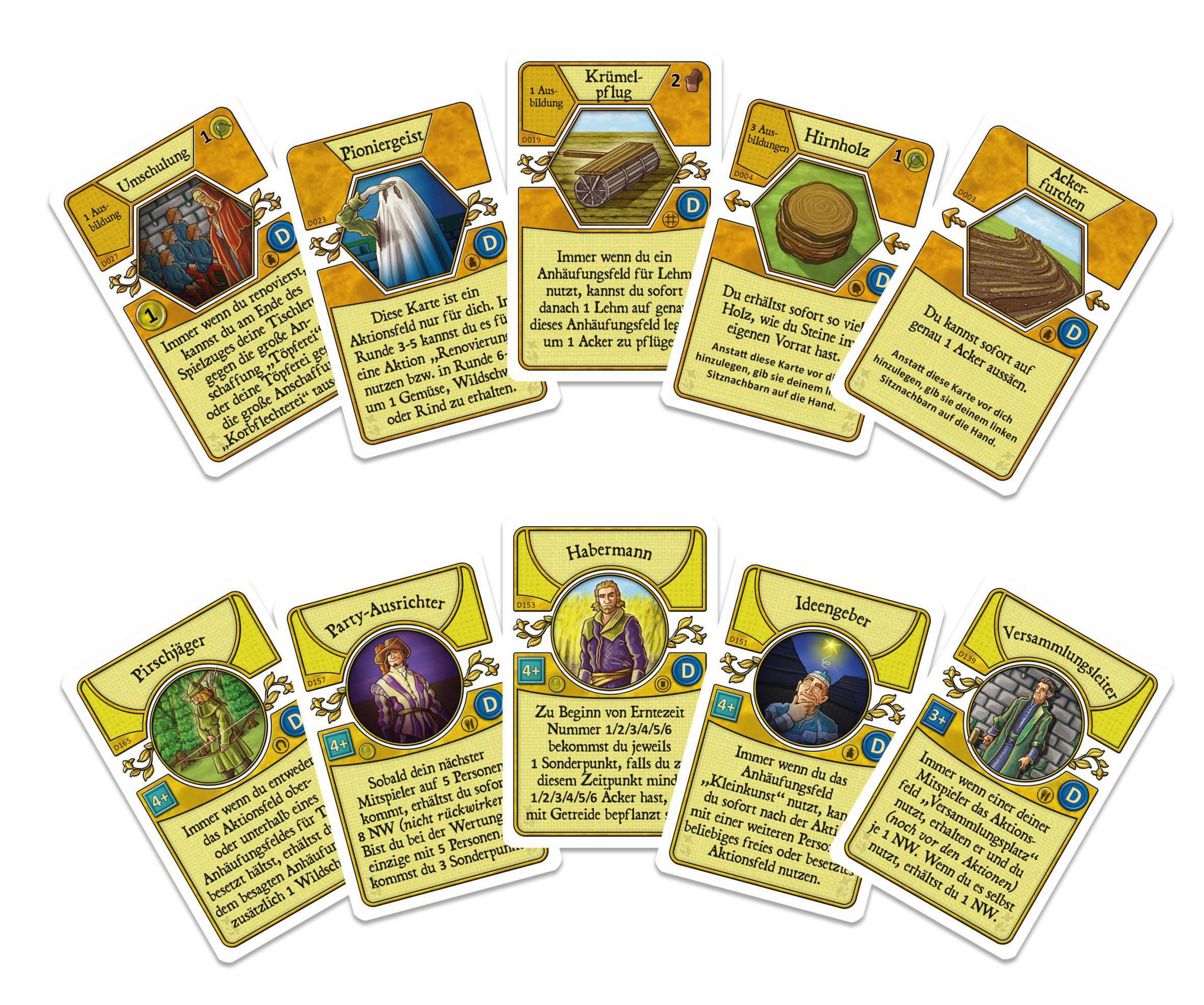 Eine Sammlung von Spielkarten mit verschiedenen Illustrationen und Text. Das Layout ist übersichtlich.