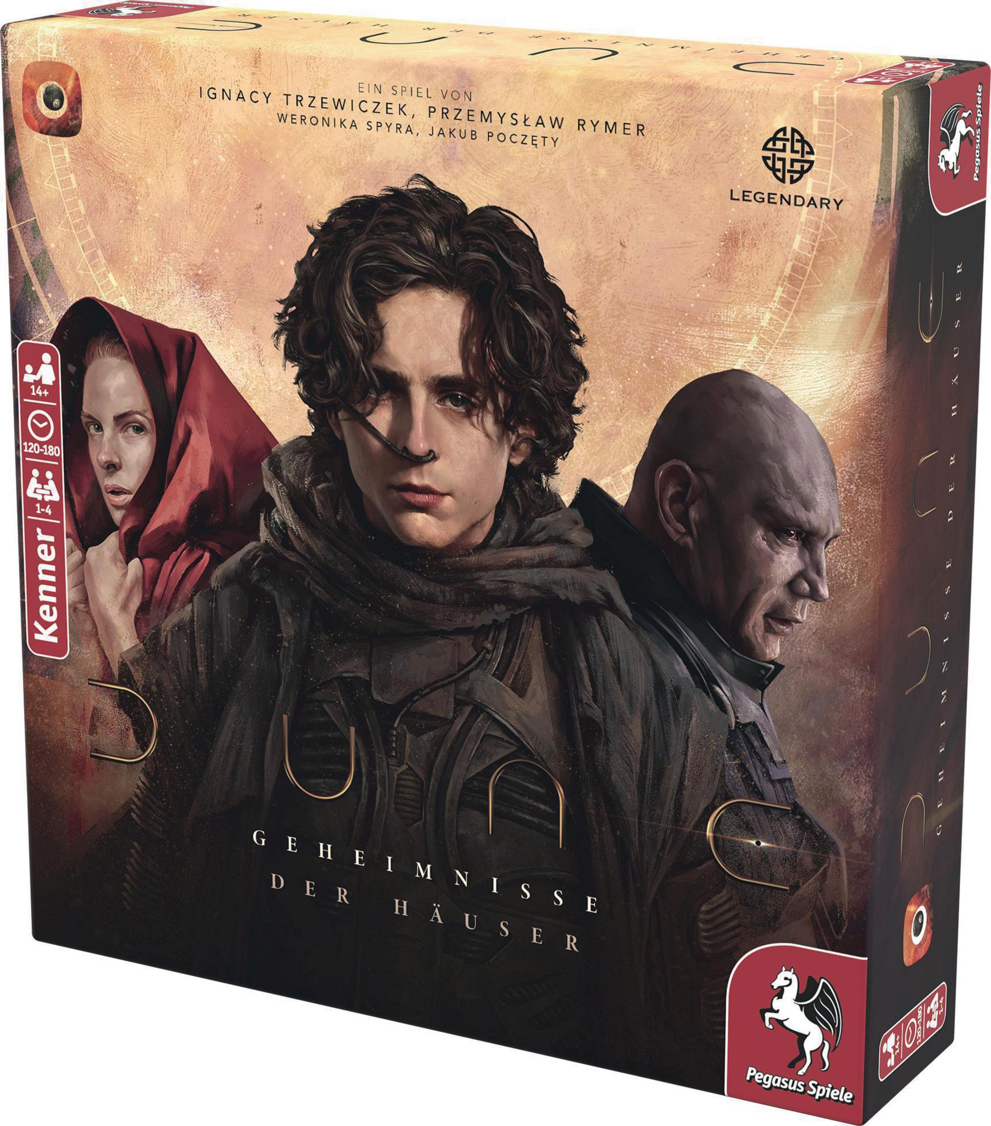 Dune Brettspielbox, mit Schauspielern aus dem Film. Dunkel gefärbte Box mit Text.