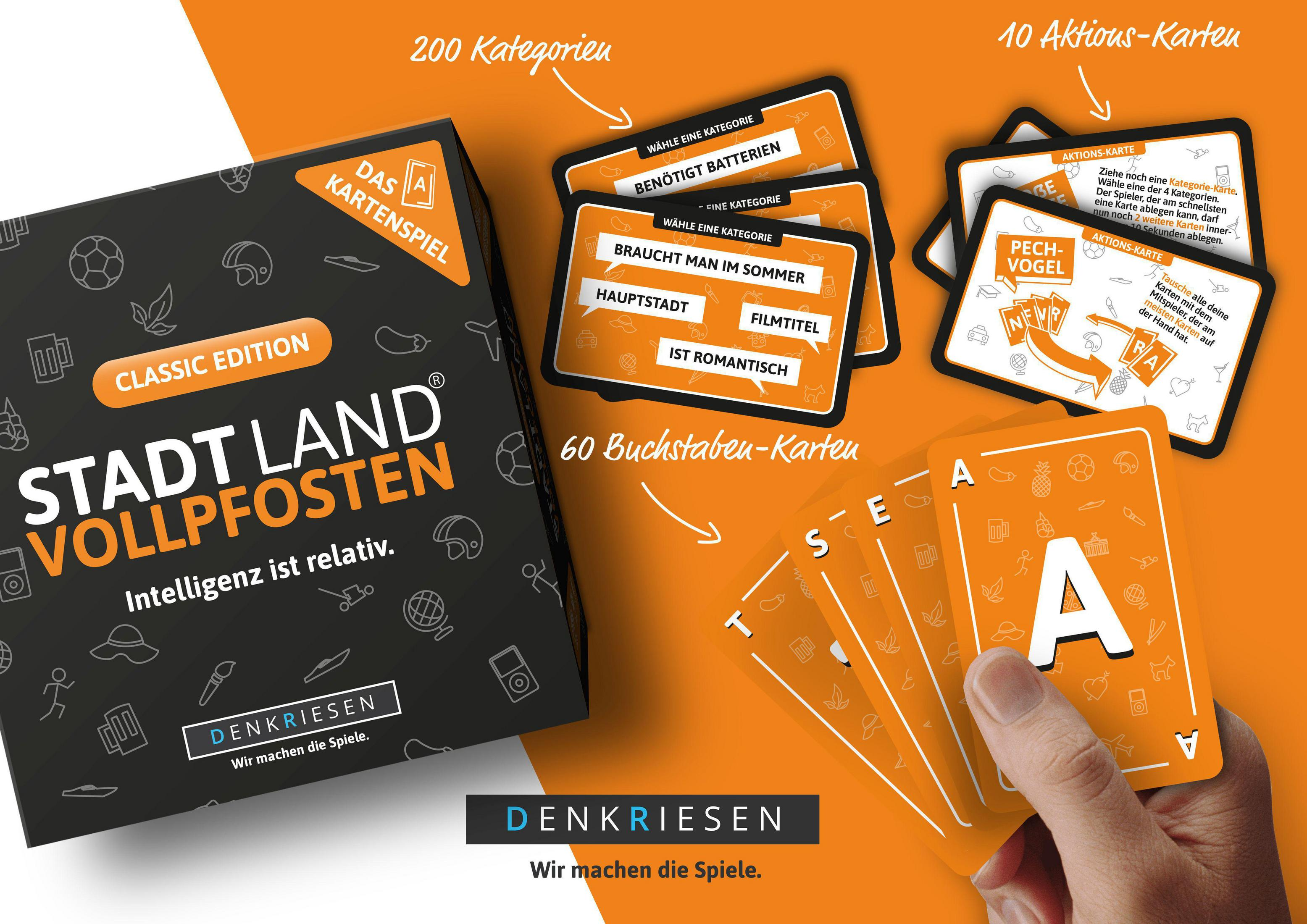 Jeu de société en boîte avec cartes, texte et illustrations. Palette de couleurs orange et noir.
