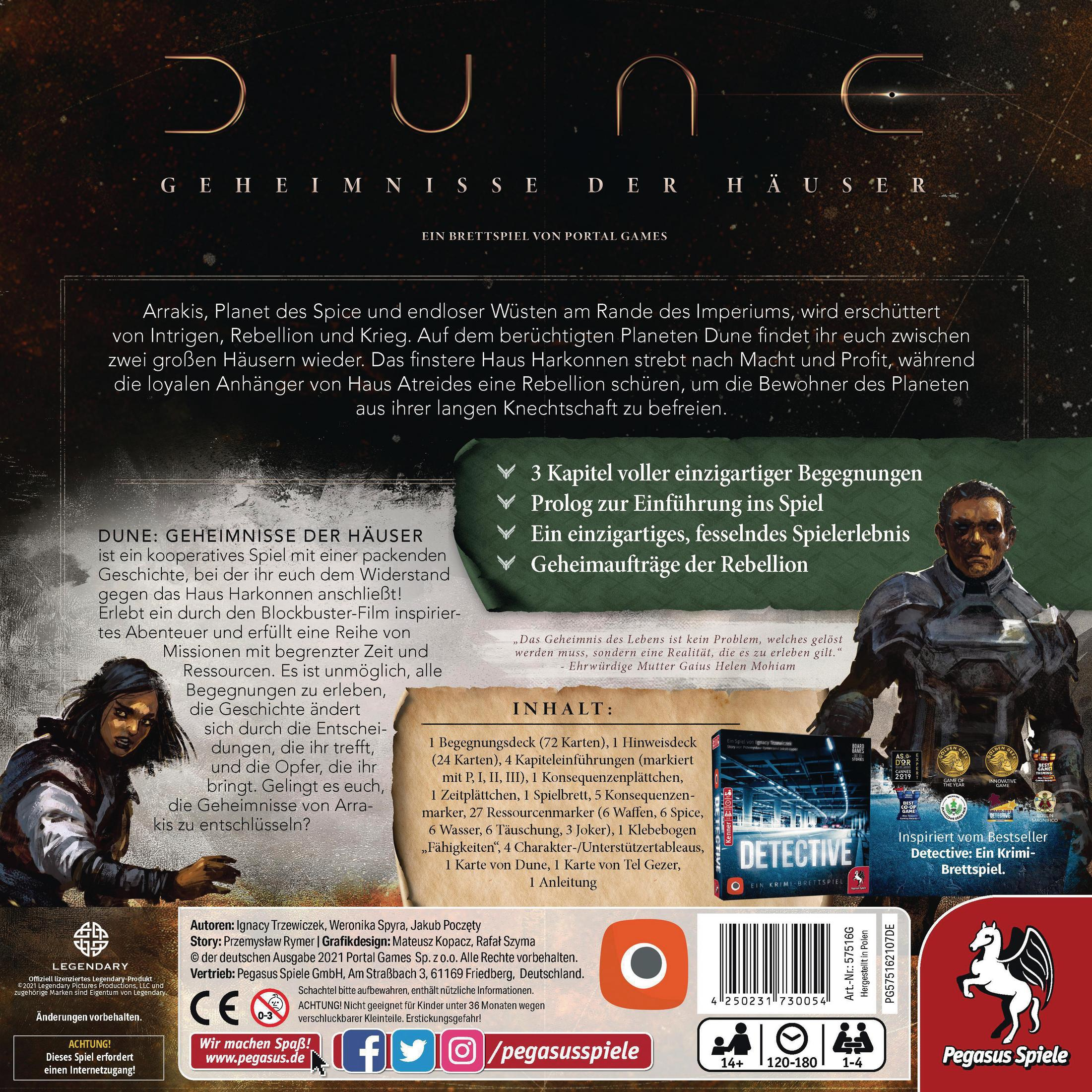 Dune Brettspiel-Box-Art, mit einer Wüstenlandschaft, Charakteren und Spieldetails in mehreren Sprachen.