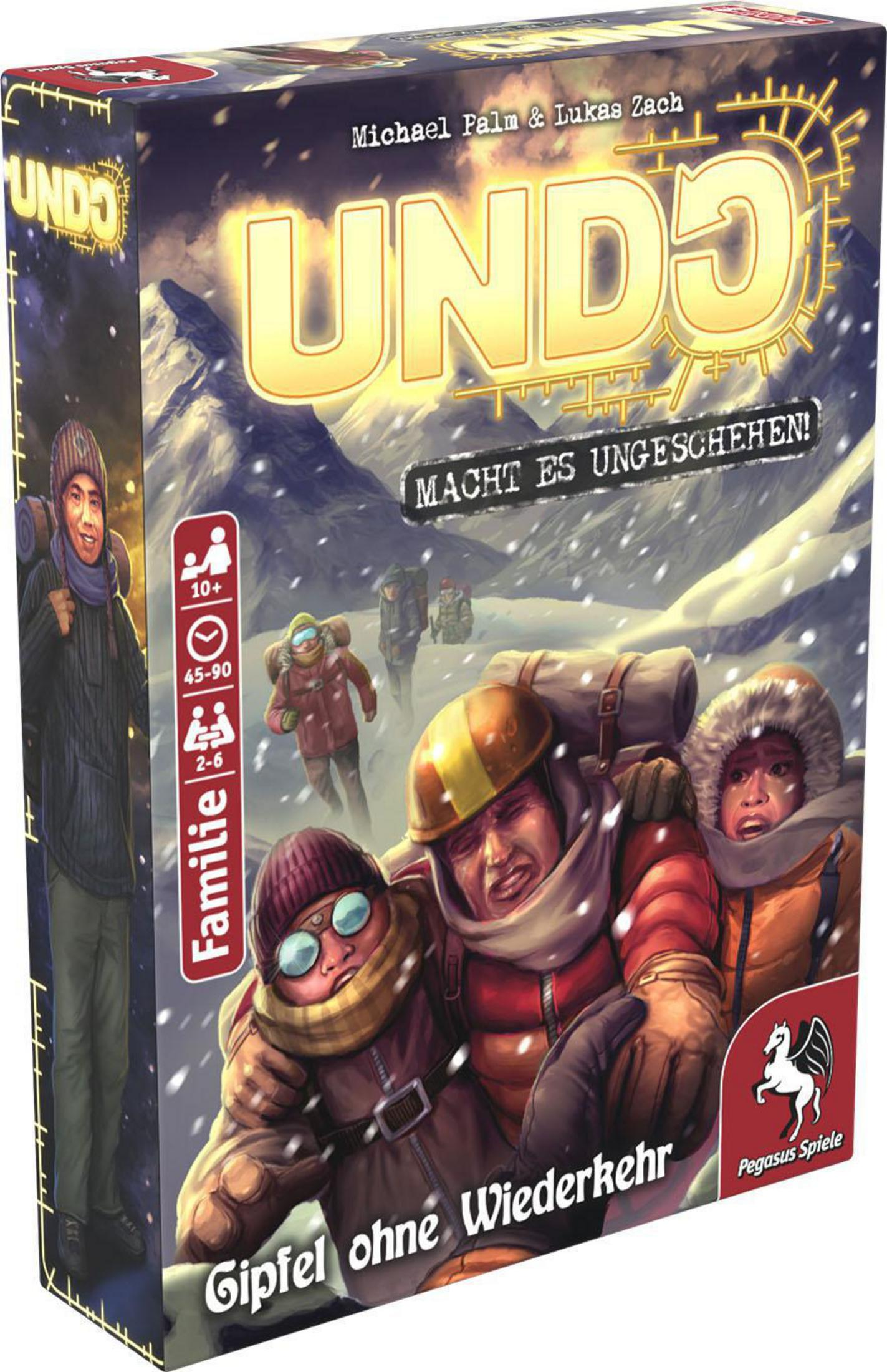 Box von UNDO: Gipfel ohne Wiederkehr. Zeigt Leute in Winterkleidung, schneebedeckte Berge und Spieldetails.