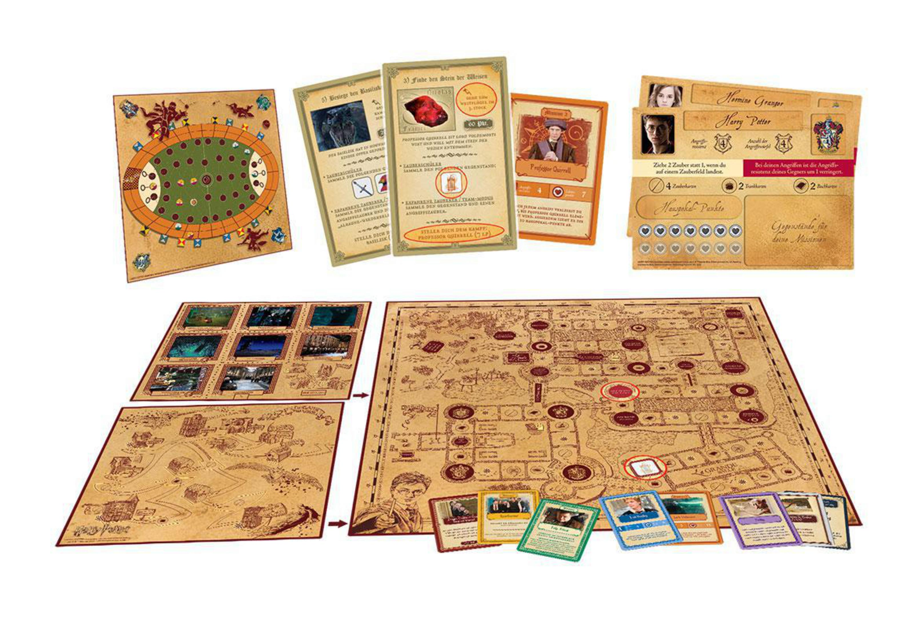 Brettspiel mit Karten, einem Spielbrett mit einer Karte und verschiedenen Spielsteinen.