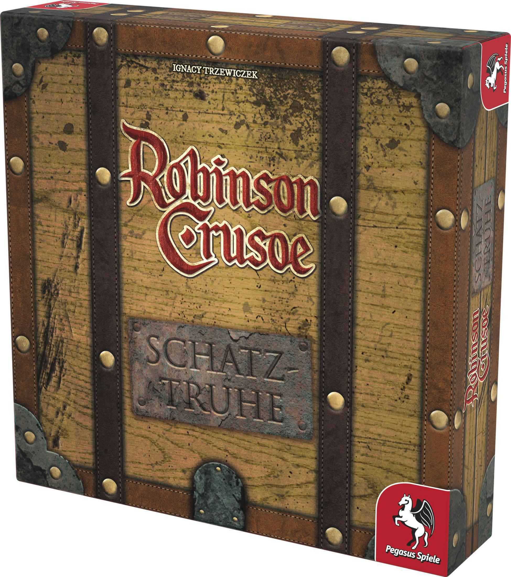 Eine Brettspielbox mit dem Titel 'Robinson Crusoe Schatz Truhe' auf einem holzstrukturierten Hintergrund.