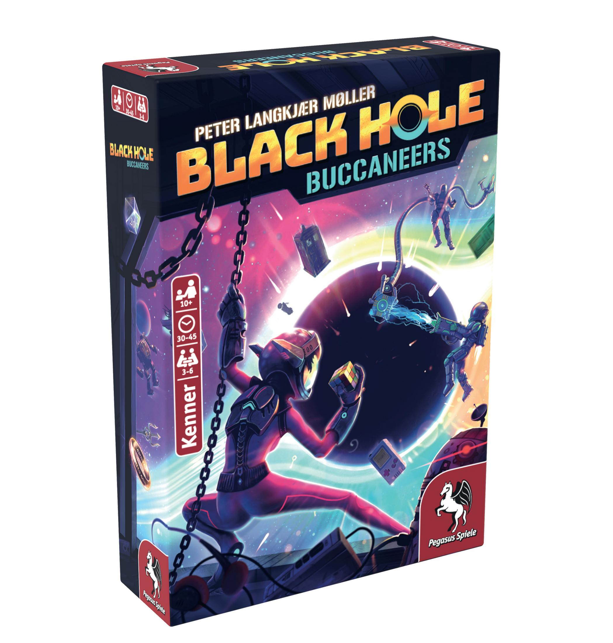 Boxart für Black Hole Buccaneers. Eine Person im Weltraum, Box hat Cartoon-Design.