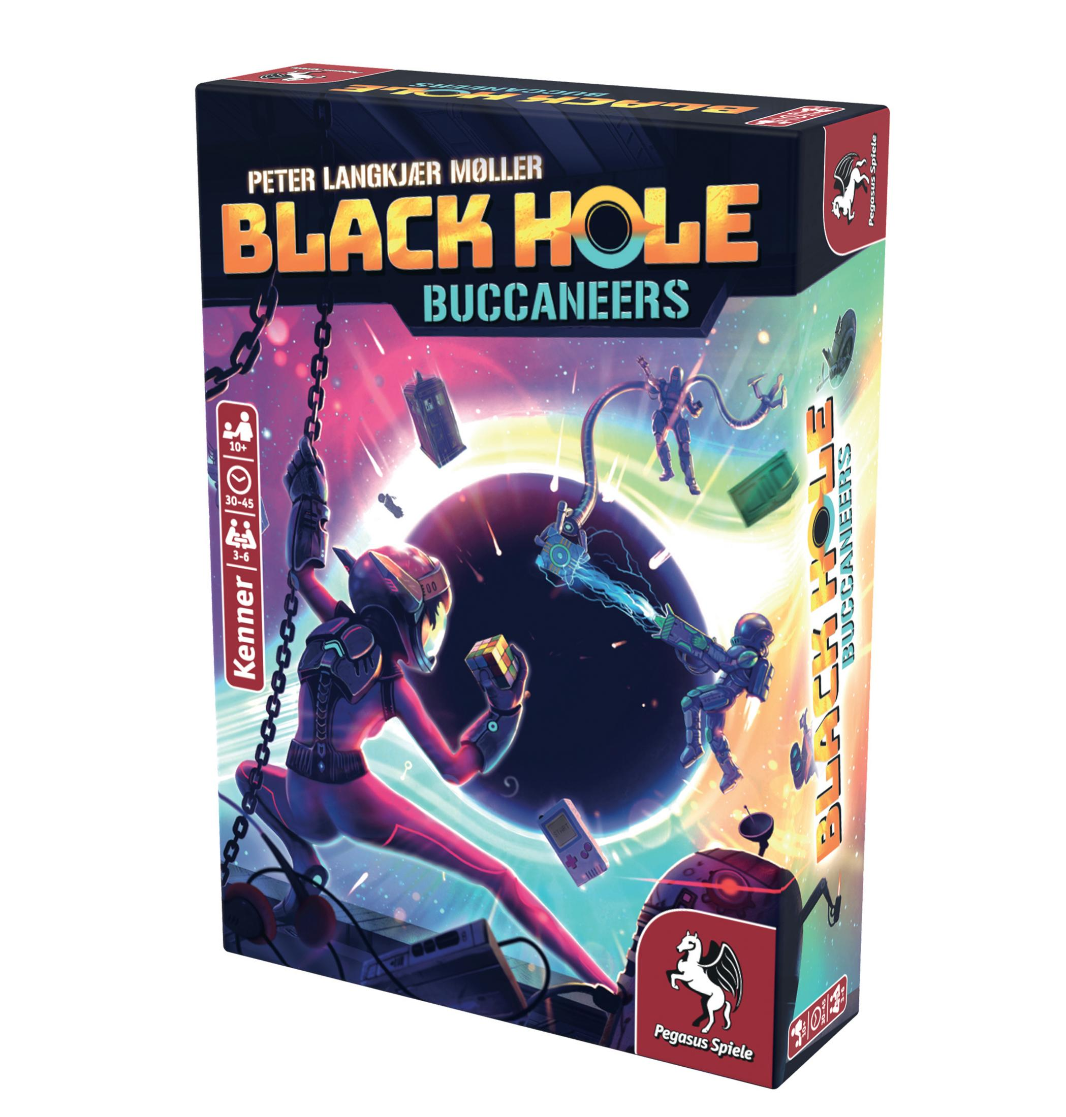 Black Hole Buccaneers Brettspielbox. Astronauten im Weltraum, schwarzes Loch und Kosmos.