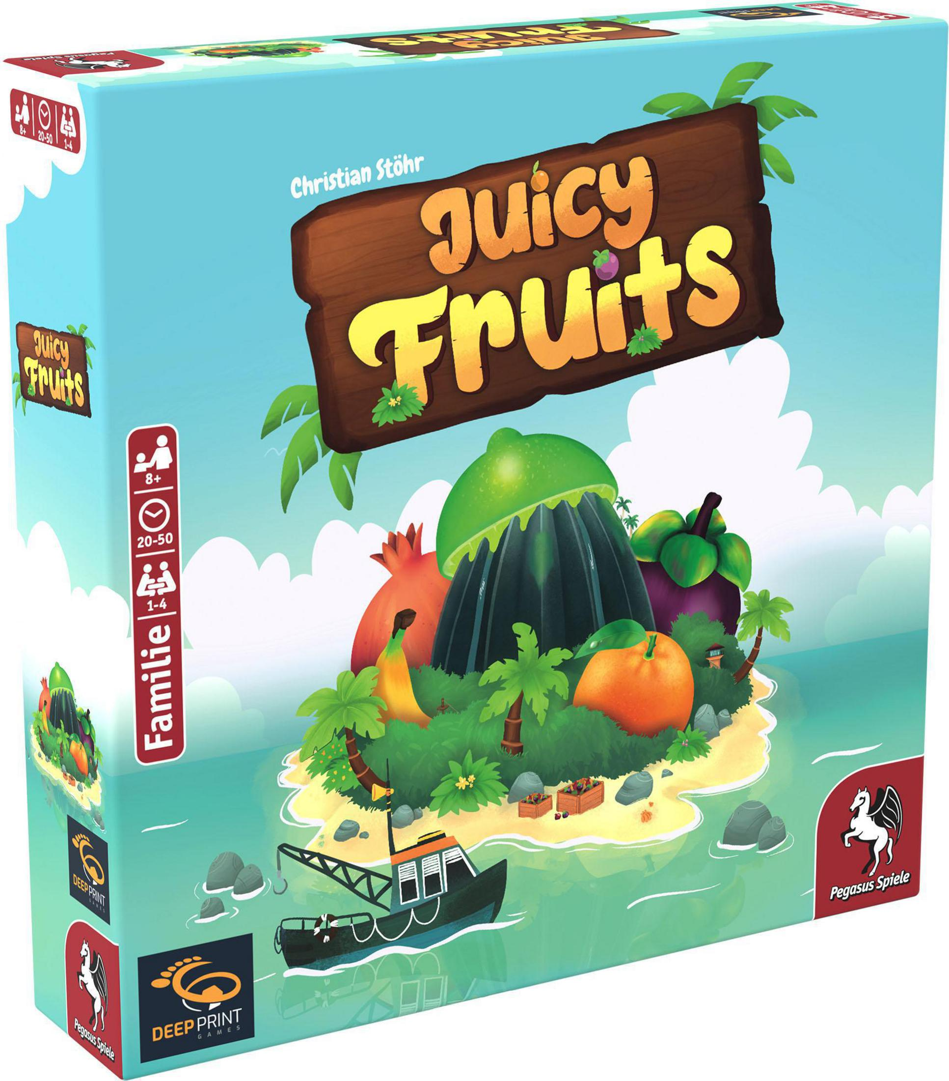 Ein Brettspielkasten mit dem Titel "Juicy Fruits" mit Illustrationen von tropischen Früchten auf einer Insel.