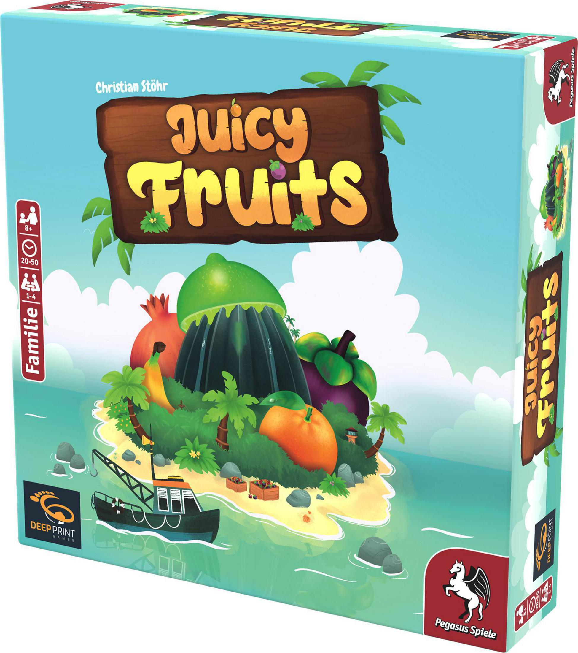 Juicy Fruits Brettspielbox. Es zeigt eine tropische Szene mit Früchten und einem Vulkan.