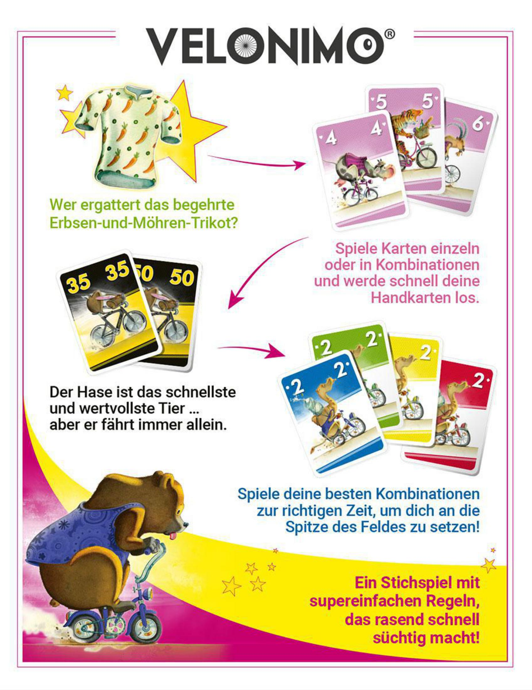 Ein Brettspiel mit Tierfiguren auf Fahrrädern, Karten und Spielsteinen auf weißem Hintergrund.
