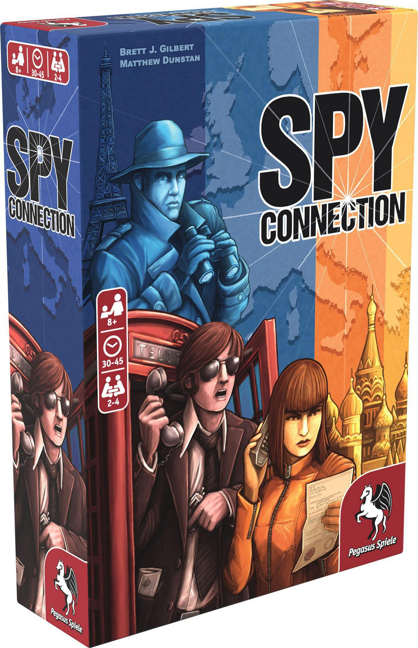 Die Spielbox Spy Connection. Sie zeigt Spione und einen Stadtlandschaftshintergrund.