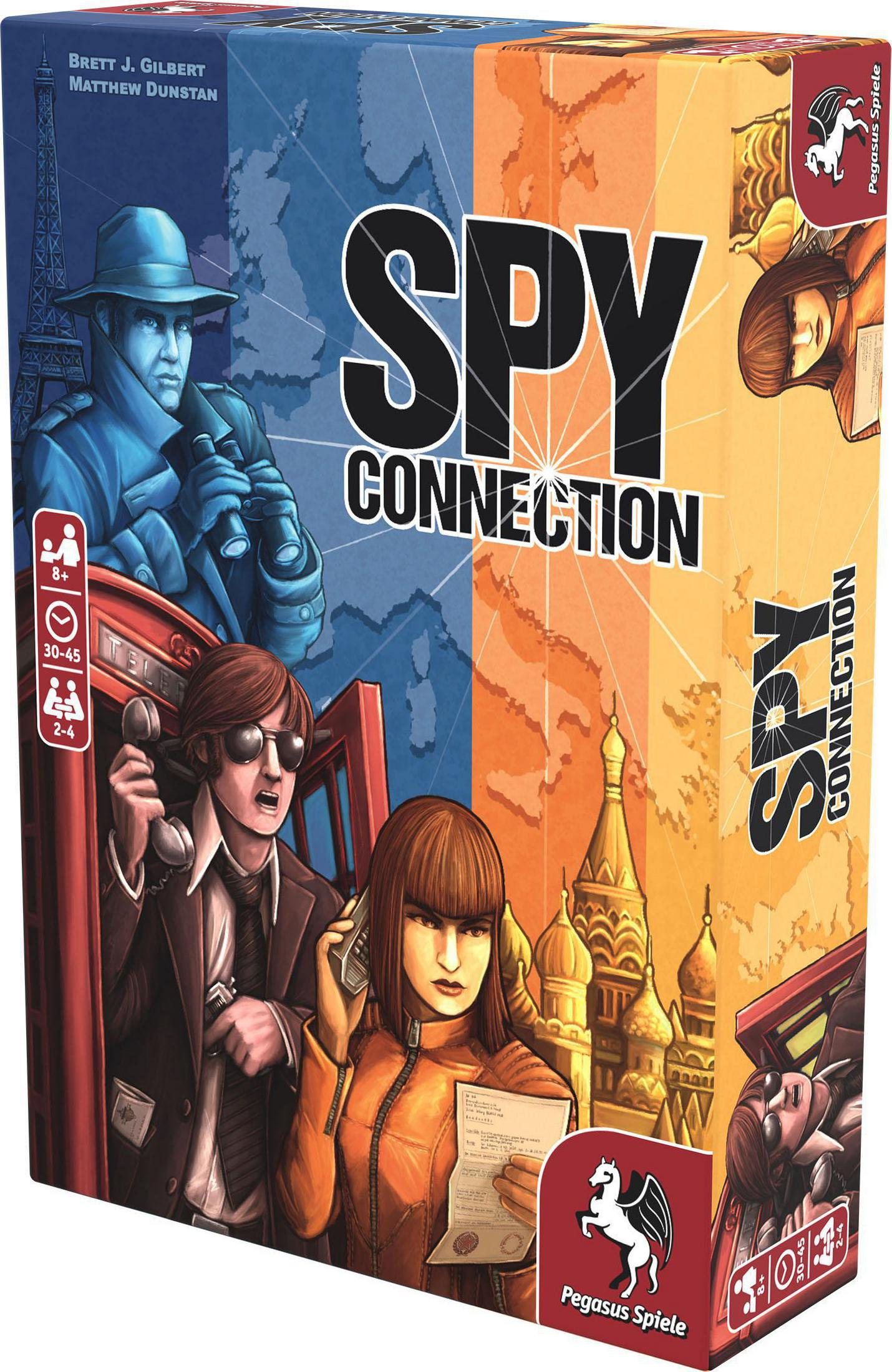 Schachtelkunst für das Spy Connection Brettspiel. Zeigt eine Gruppe von Leuten vor Gebäuden.