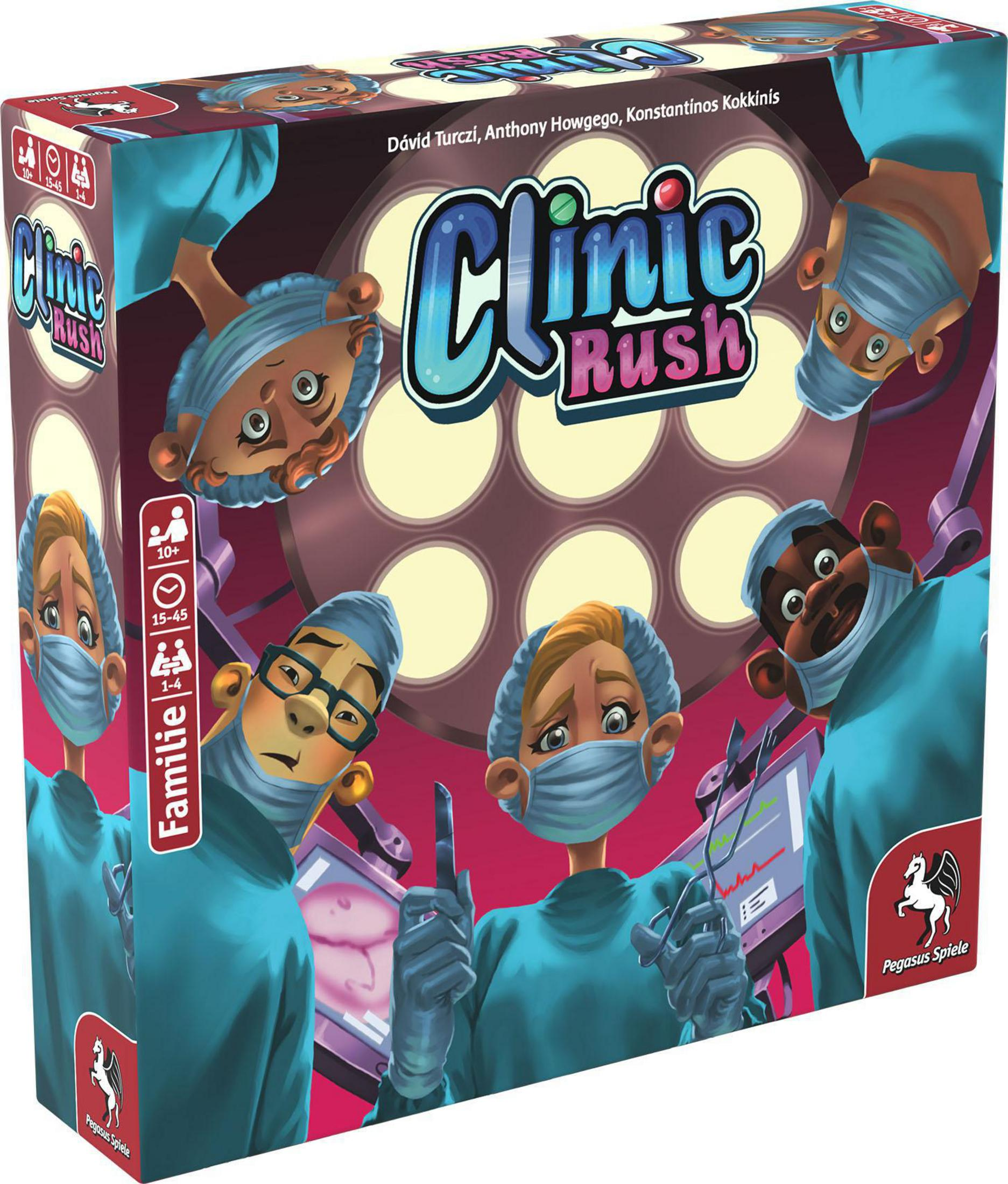Clinic Rush Brettspielbox. Zeigt Ärzte in einem Operationssaal, einer mit schockiertem Gesichtsausdruck.