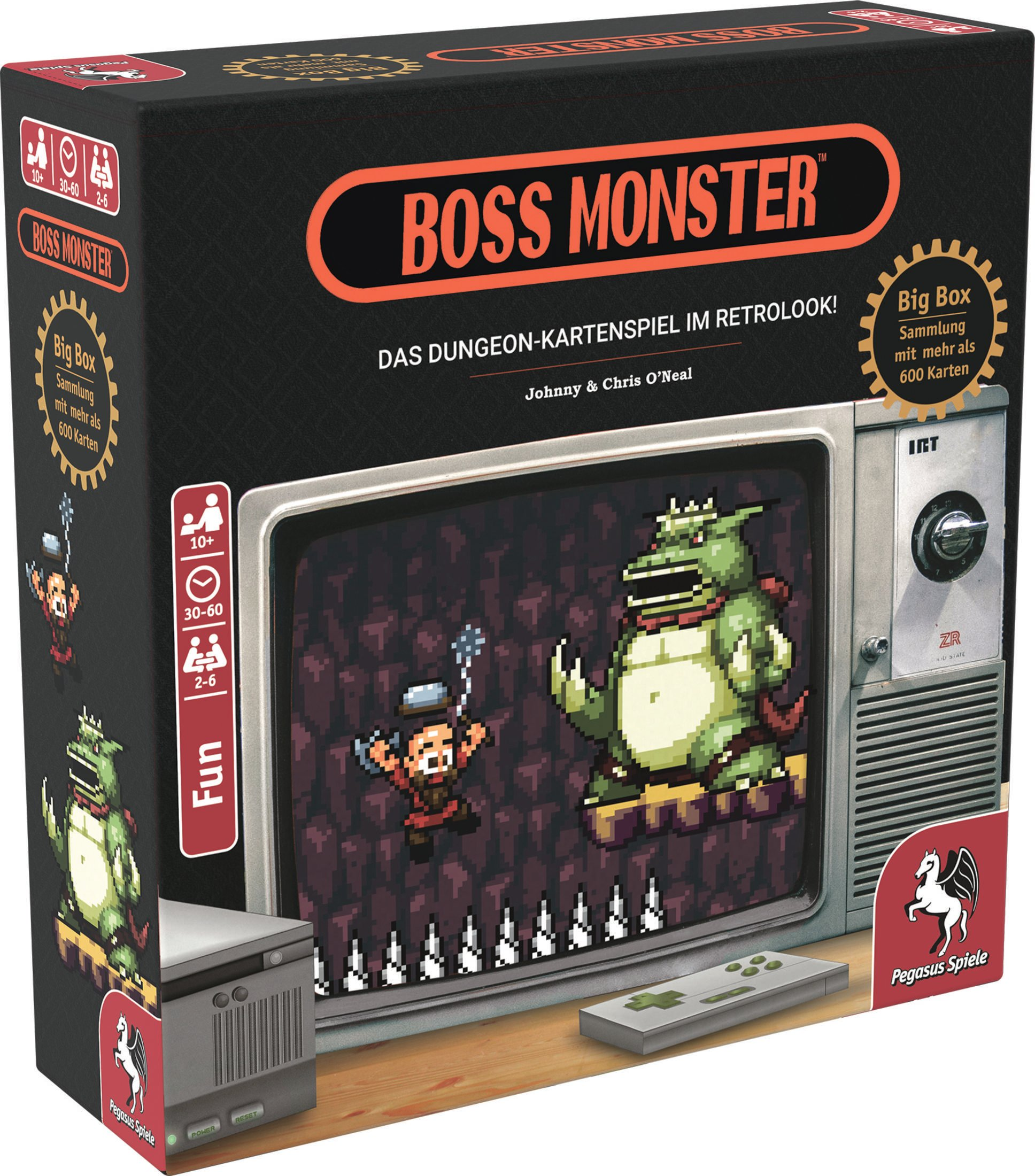 Boss Monster Brettspielbox. Die Box-Art zeigt Monster und einen pixeligen Charakter.