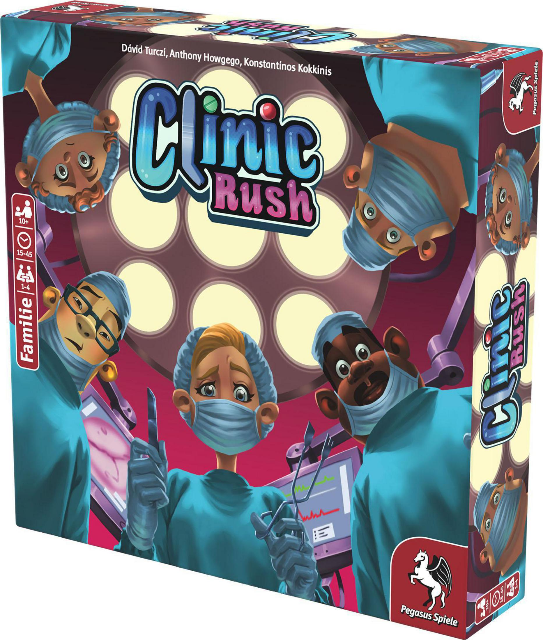 Clinic Rush Spielbox. Ärzte und medizinische Geräte sind auf der Box abgebildet.