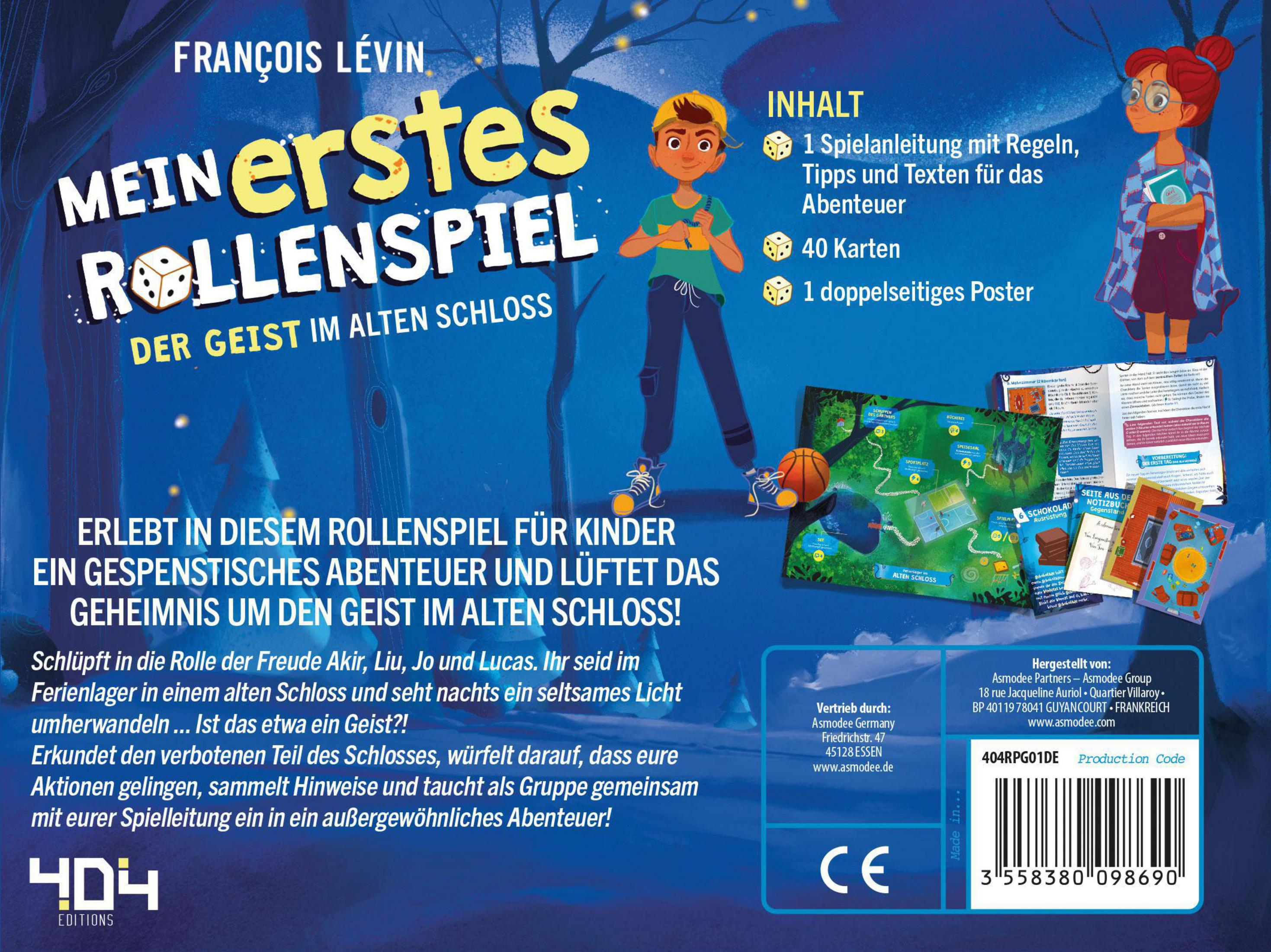 Spielbox von 'Mein erstes Rollenspiel' mit einem Jungen und einem Mädchen, einer Schlosskulisse und Karten.