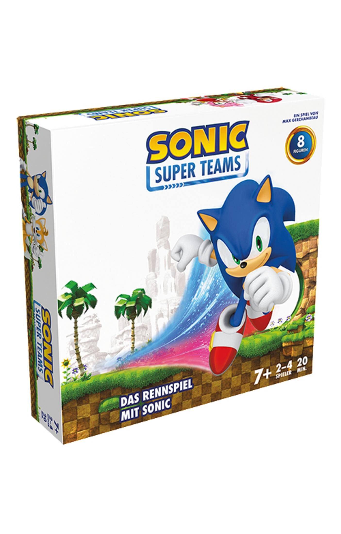 Schachtelkunst für das Spiel 'Sonic Super Teams'. Sonic rennt vorwärts, blau und weiß. Grün-braunes Spielbrett.