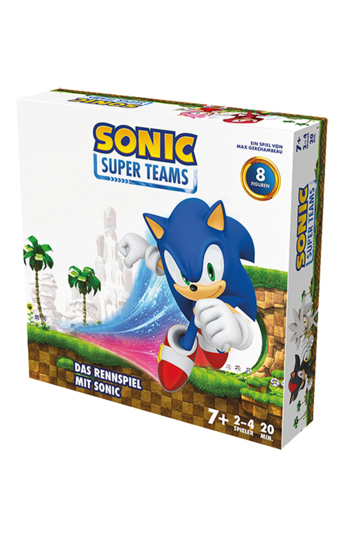 Brettspielbox mit Sonic the Hedgehog. Das Spiel heißt Sonic Super Teams.