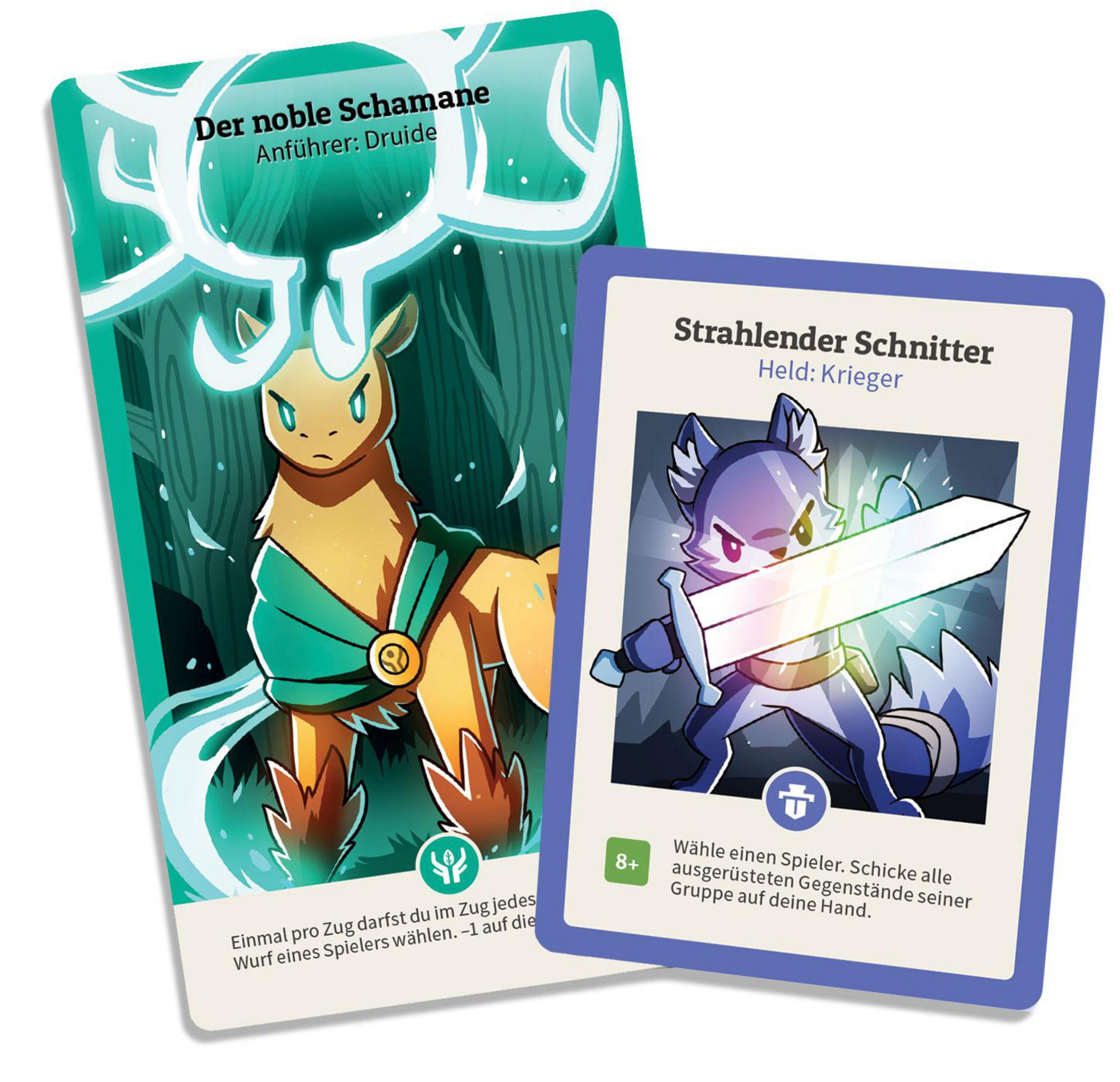 Zwei Fantasy-Kartenspielkarten mit Tierfiguren mit Texten auf Deutsch.