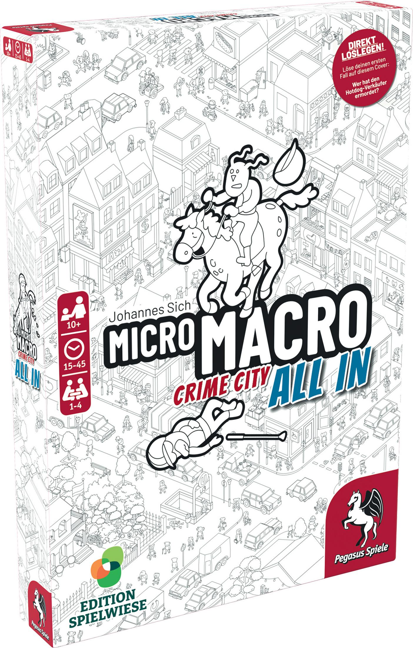 Die Box des Spiels Micro Macro Crime City All In wird mit einer detaillierten Zeichnung einer Stadtszene gezeigt.