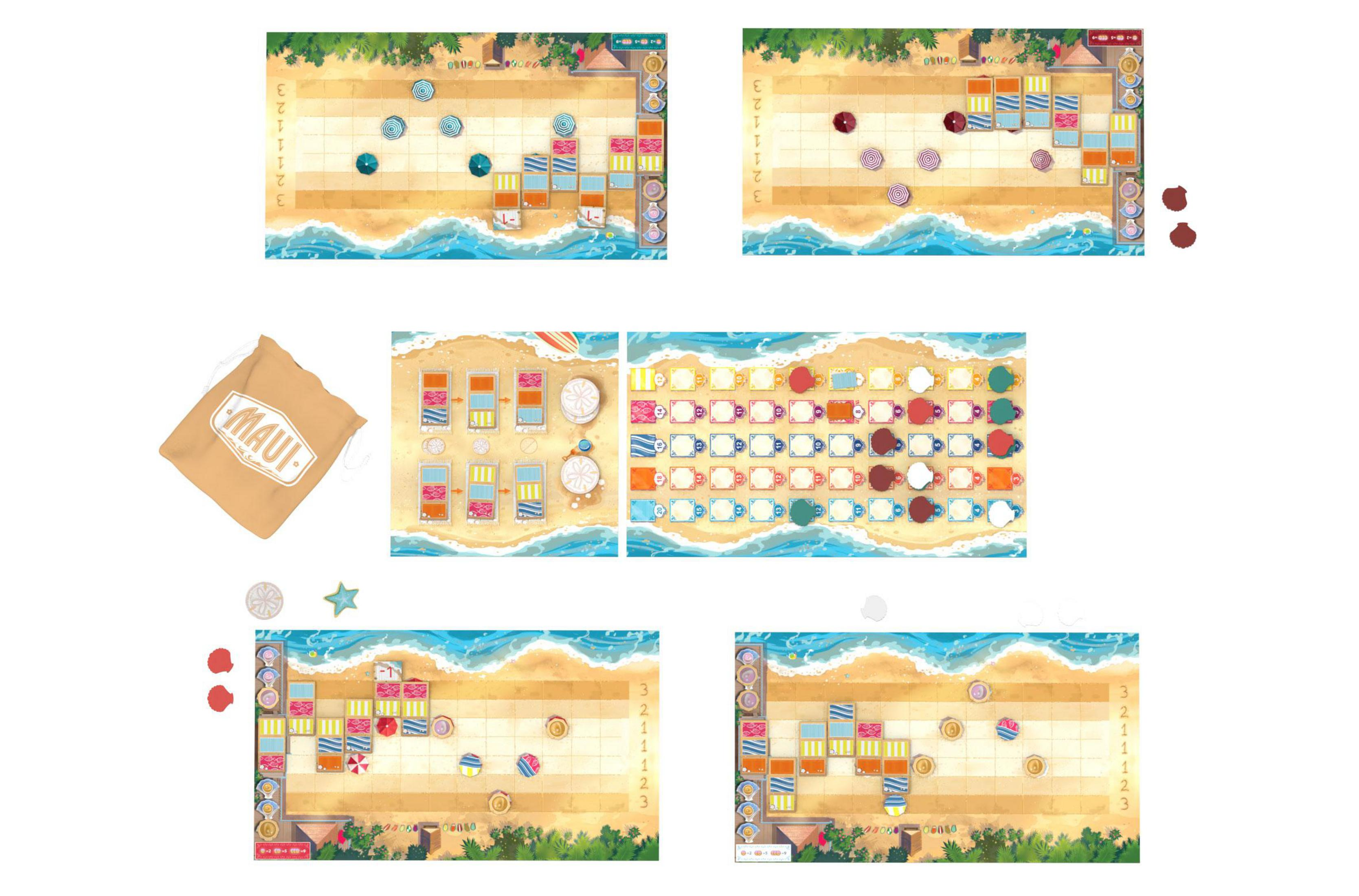 Ein Brettspiel mit Strandthema. Spielbrett mit Strandfliesen und Teilen. Eine Tasche und verschiedene Spielelemente.