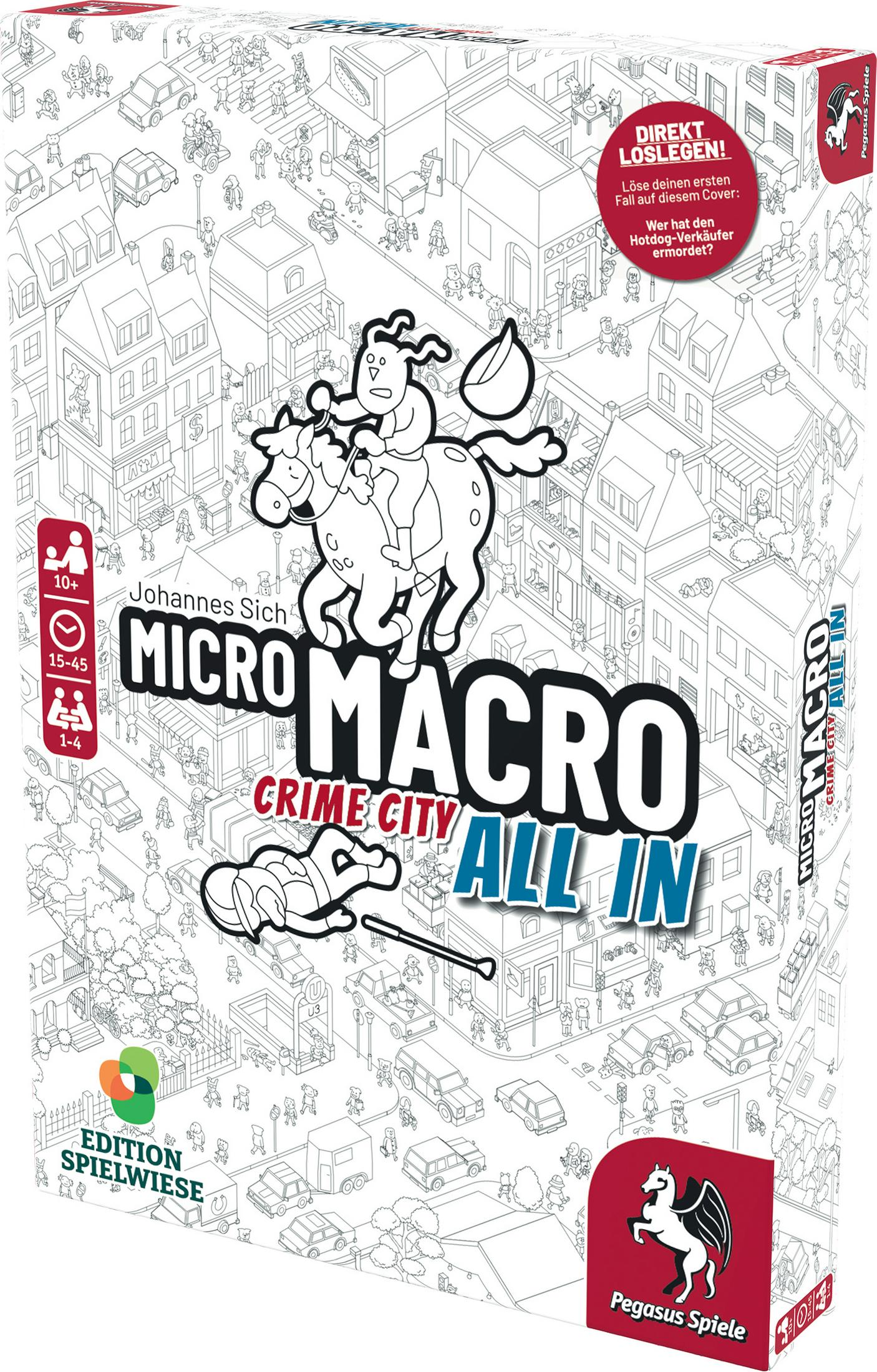 Box von MicroMacro: Crime City - All In, mit Stadtillustration und Spielelementen mit einem Pferdereiter.
