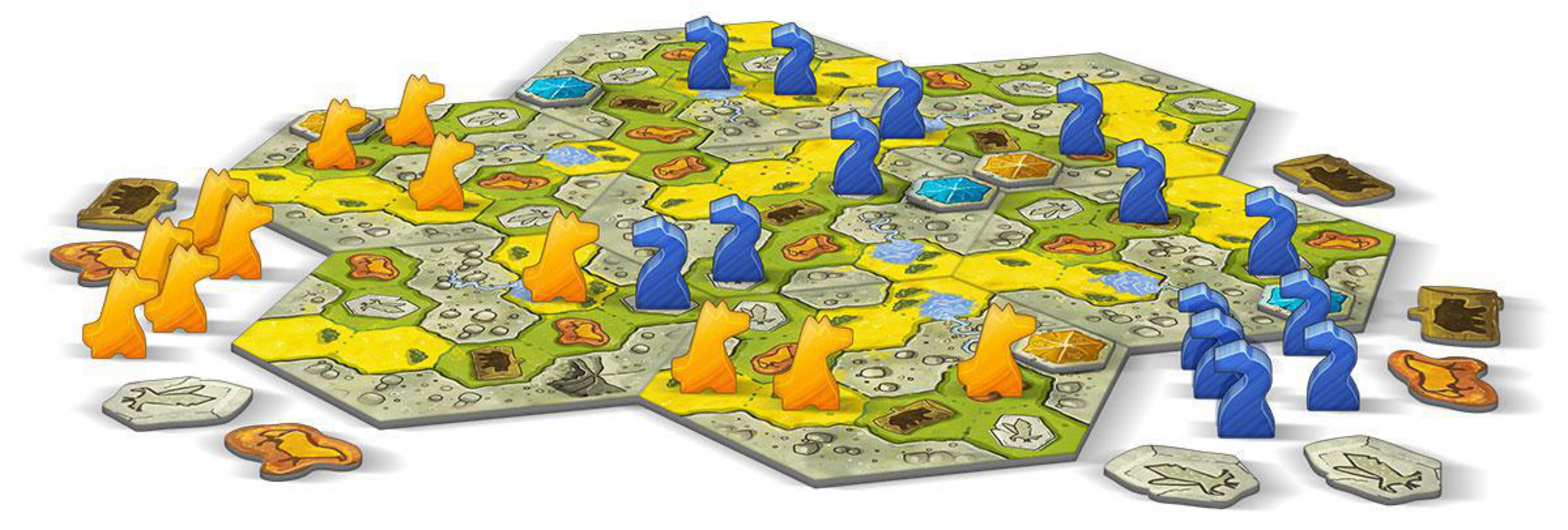 Farbenfrohes Brettspiel mit orangen und blauen Spielfiguren auf einem sechseckigen Brett. Braune Spielsteine.