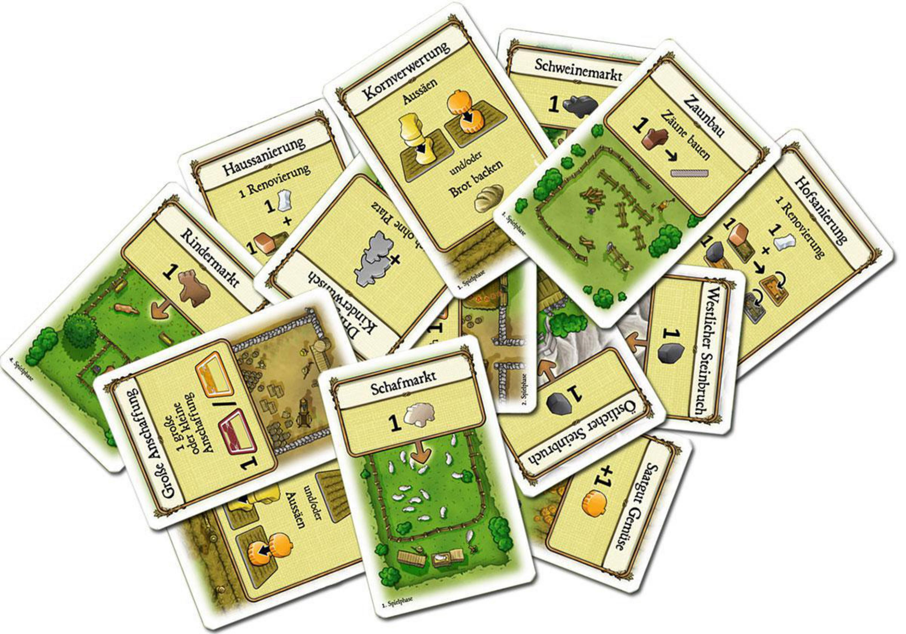 Ein Stapel Brettspielkarten, verschiedene Farben und Illustrationen sichtbar.