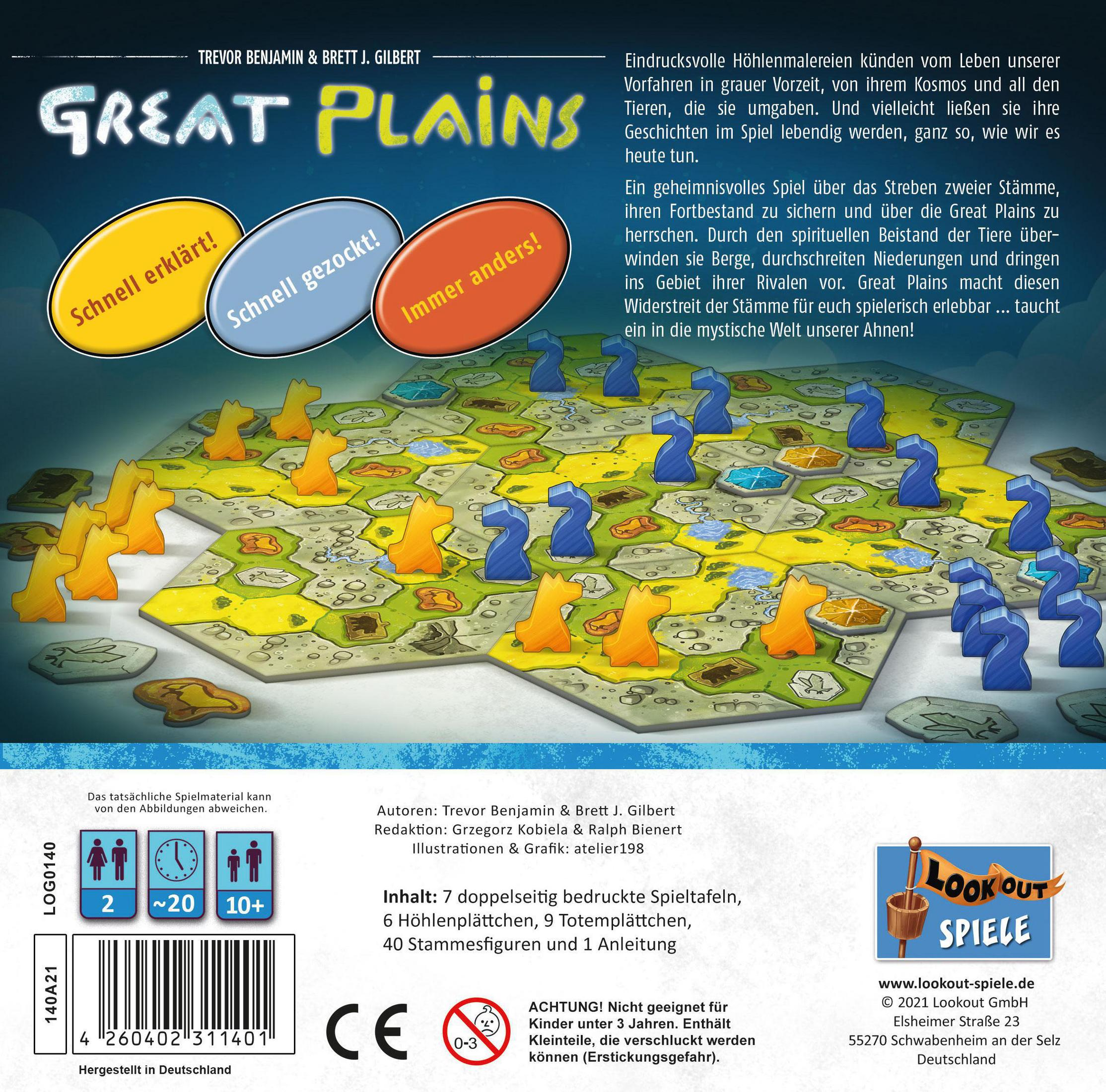 Brettspiel mit sechseckigem Spielbrett, Figuren und Karten. Der Text auf der Box.