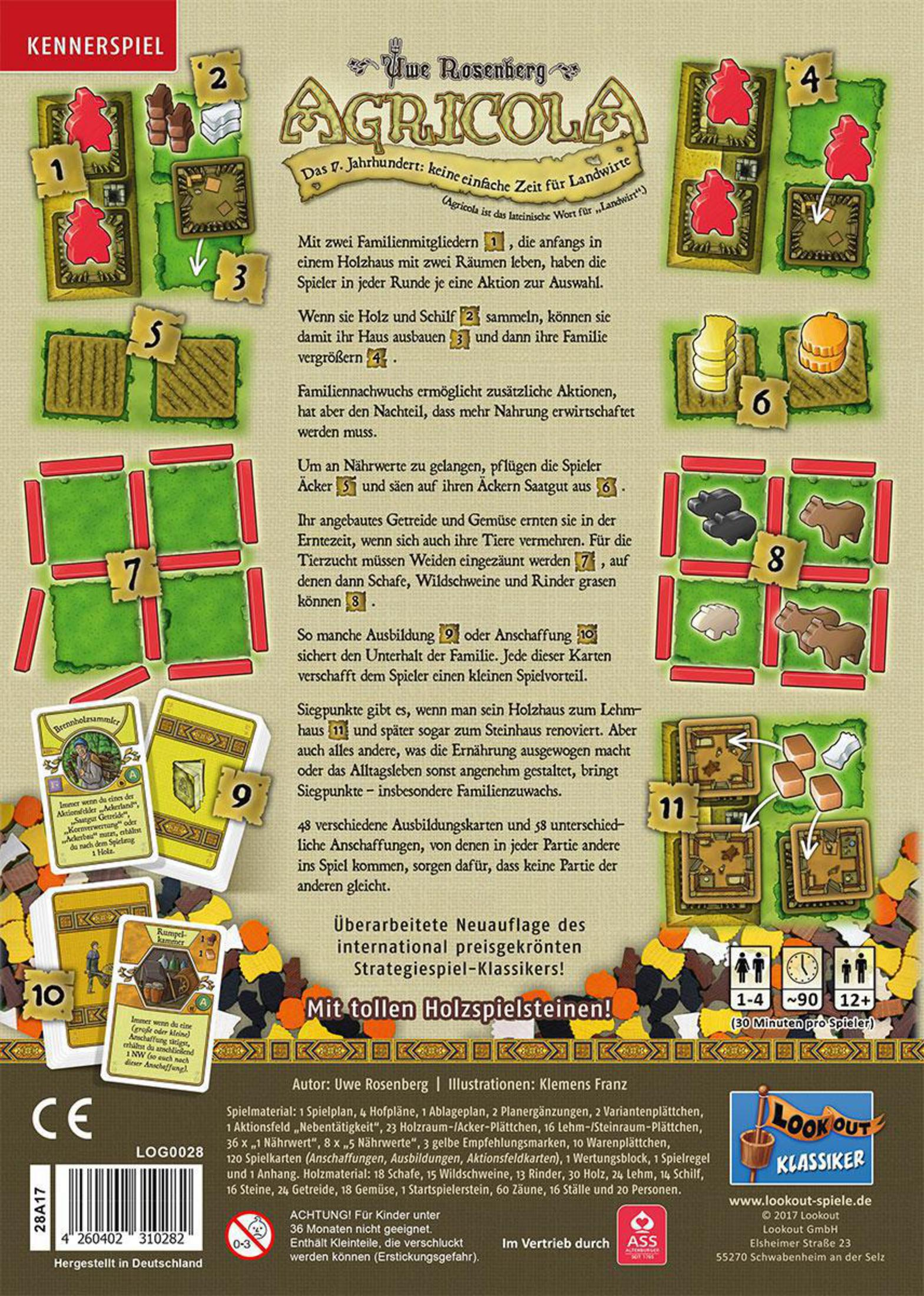Die Rückseite einer Brettspielbox mit Spielkomponenten und Anweisungen. Es hat ein rustikales Design.