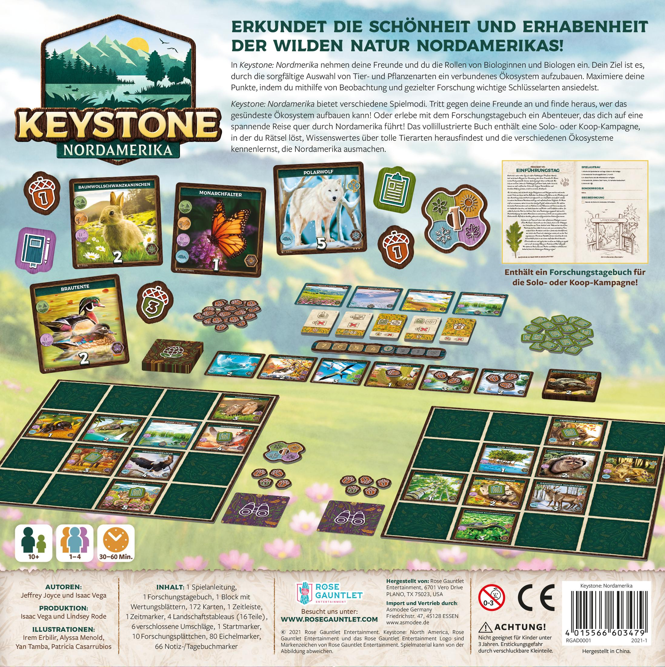 Keystone: Nordamerika Brettspiel. Spielbrett, Karten und verschiedene Spielteile. Text auf Deutsch.