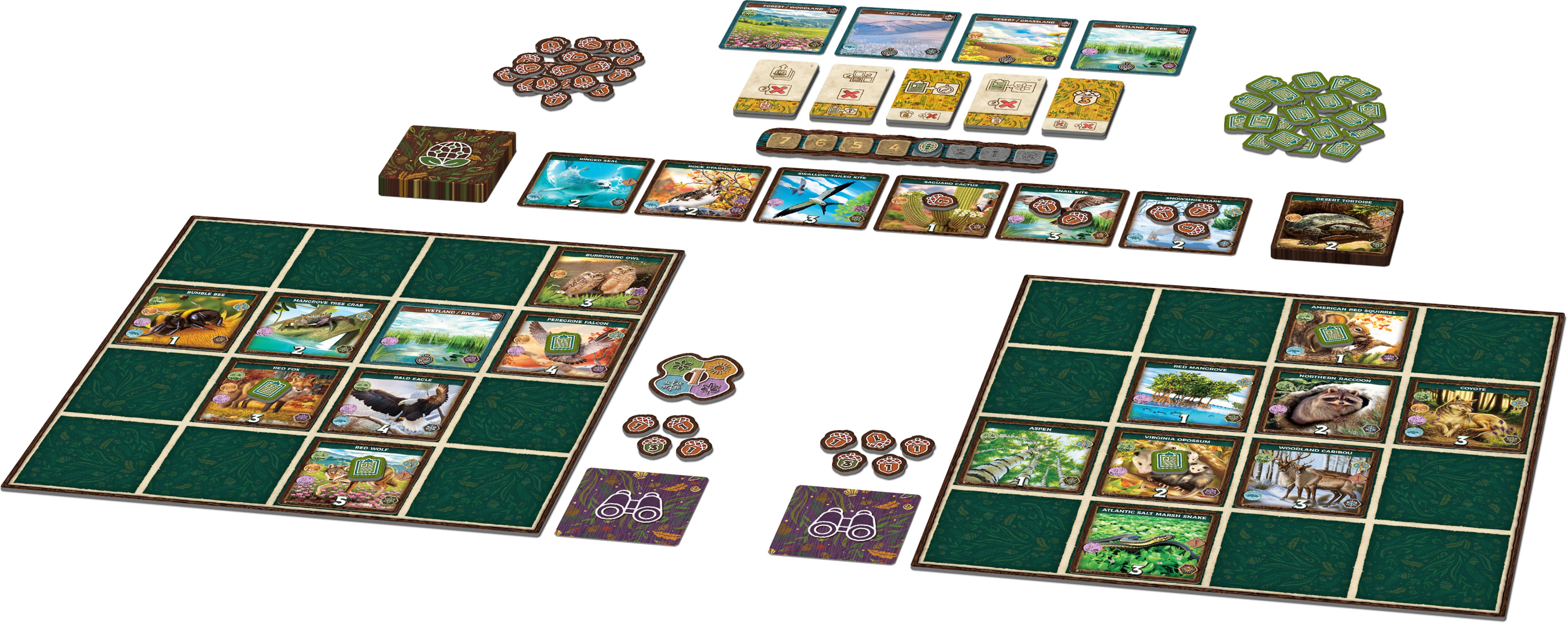 Brettspiel-Setup mit Karten, Spielsteinen und Spielbrettern auf grüner Oberfläche. Mehrere Spielteile sind sichtbar.