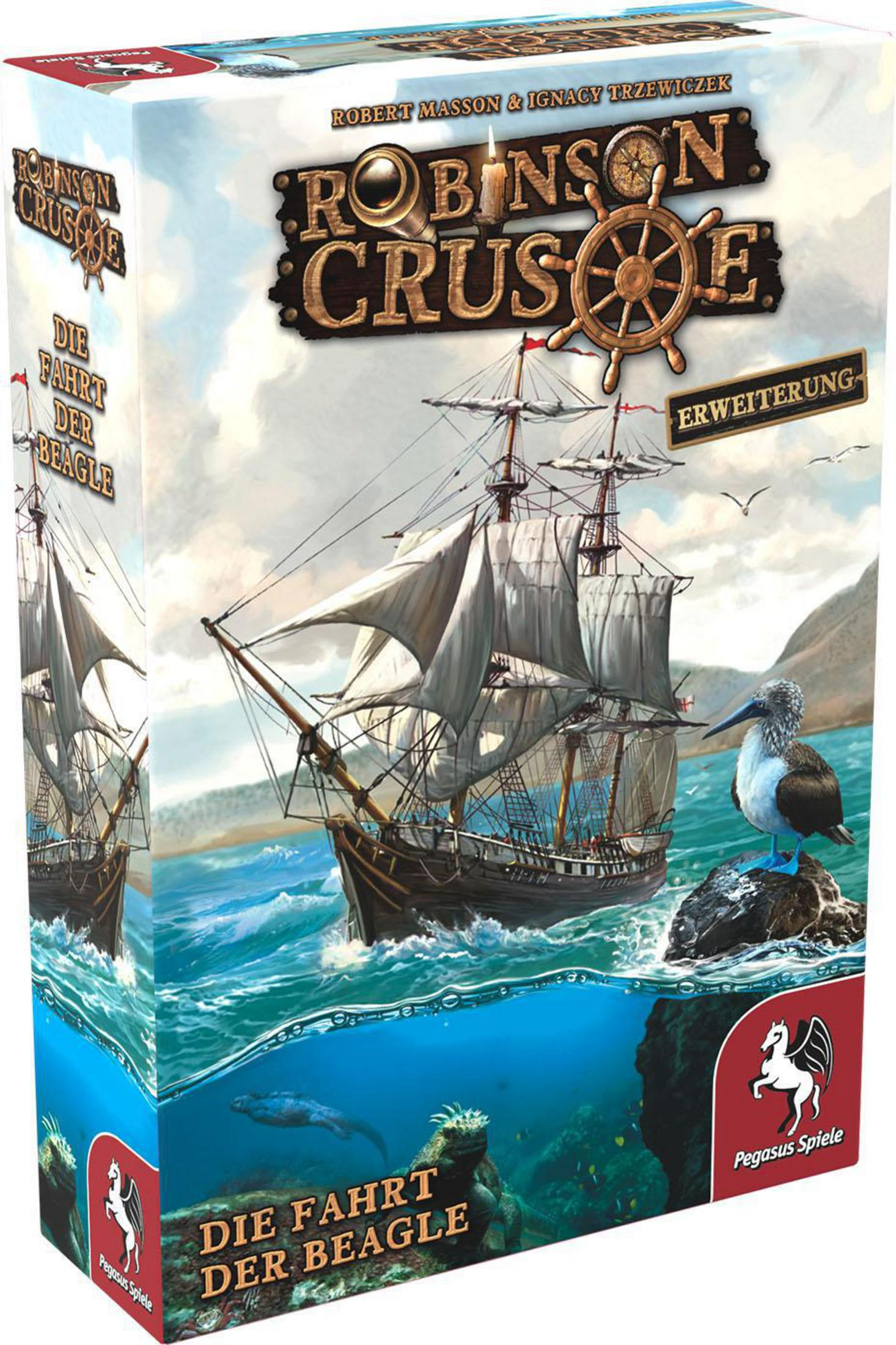 Brettspielbox mit Schiff auf See. Der Spielname ist Robinson Crusoe.