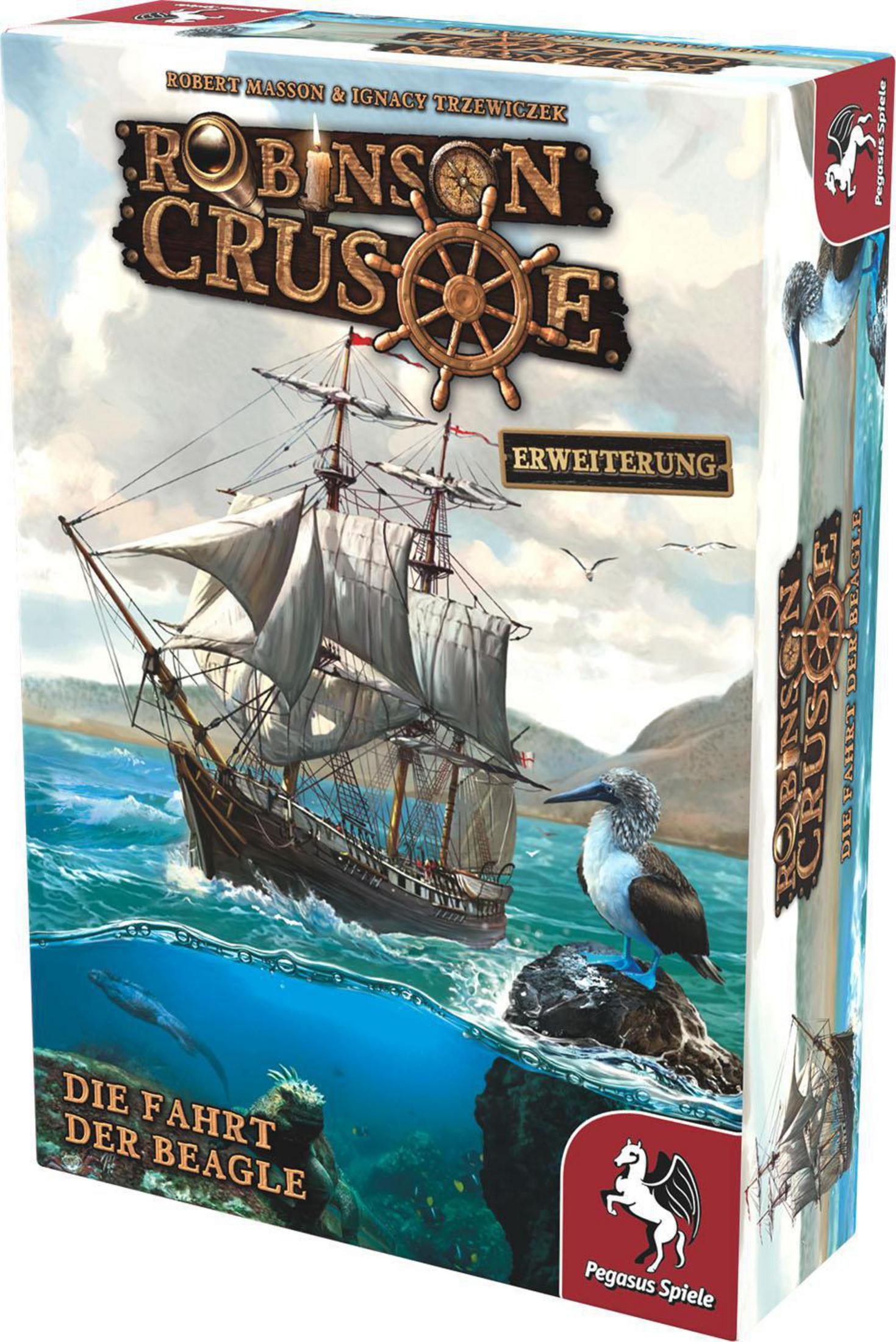 Brettspielbox. Illustration eines Schiffs auf dem Meer, eines Vogels und eines blauen Vogels auf einem Felsen.