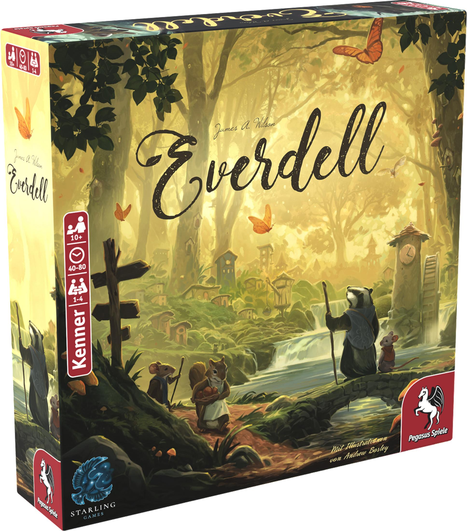 Everdell Brettspielbox. Enthält eine Waldszene mit Tieren auf einer Brücke und Gebäuden im Hintergrund.