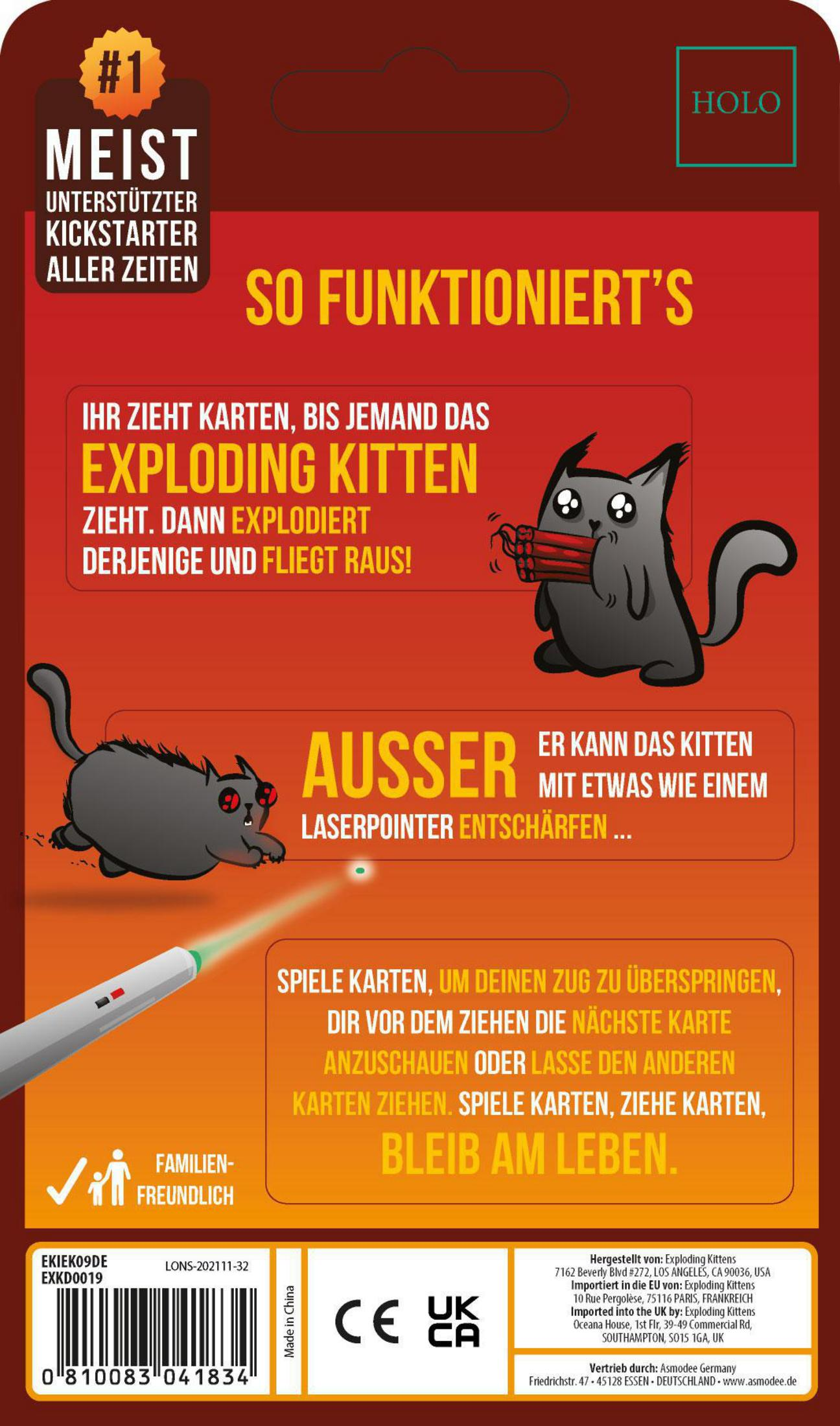Die Rückseite einer Exploding Kittens Kartenspielbox, mit Cartoon-Katzen-Illustrationen und Text auf Deutsch.