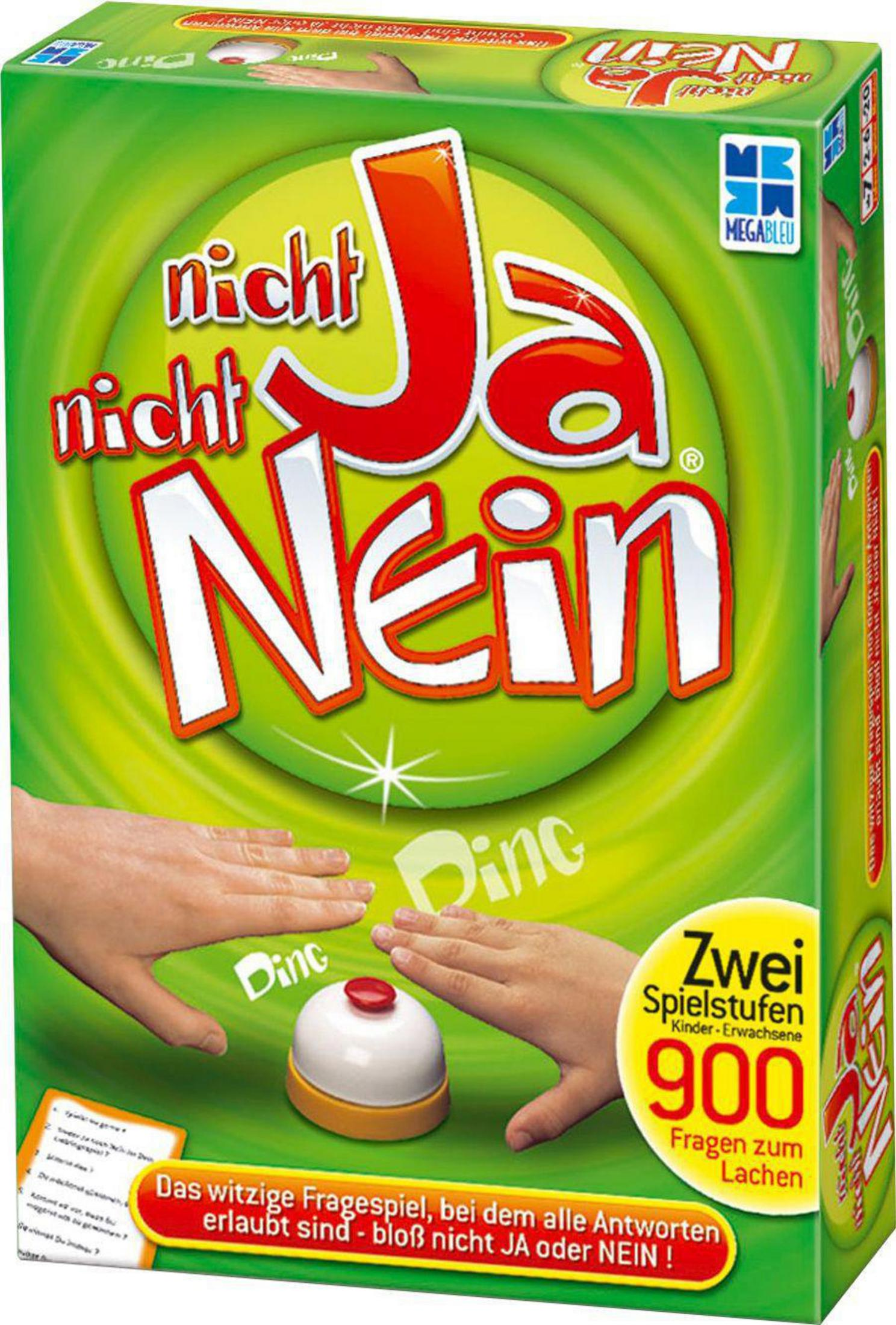 Spielbox mit den Worten 'Nicht Ja Nein' und zwei Händen. Das Spiel enthält einen Buzzer.