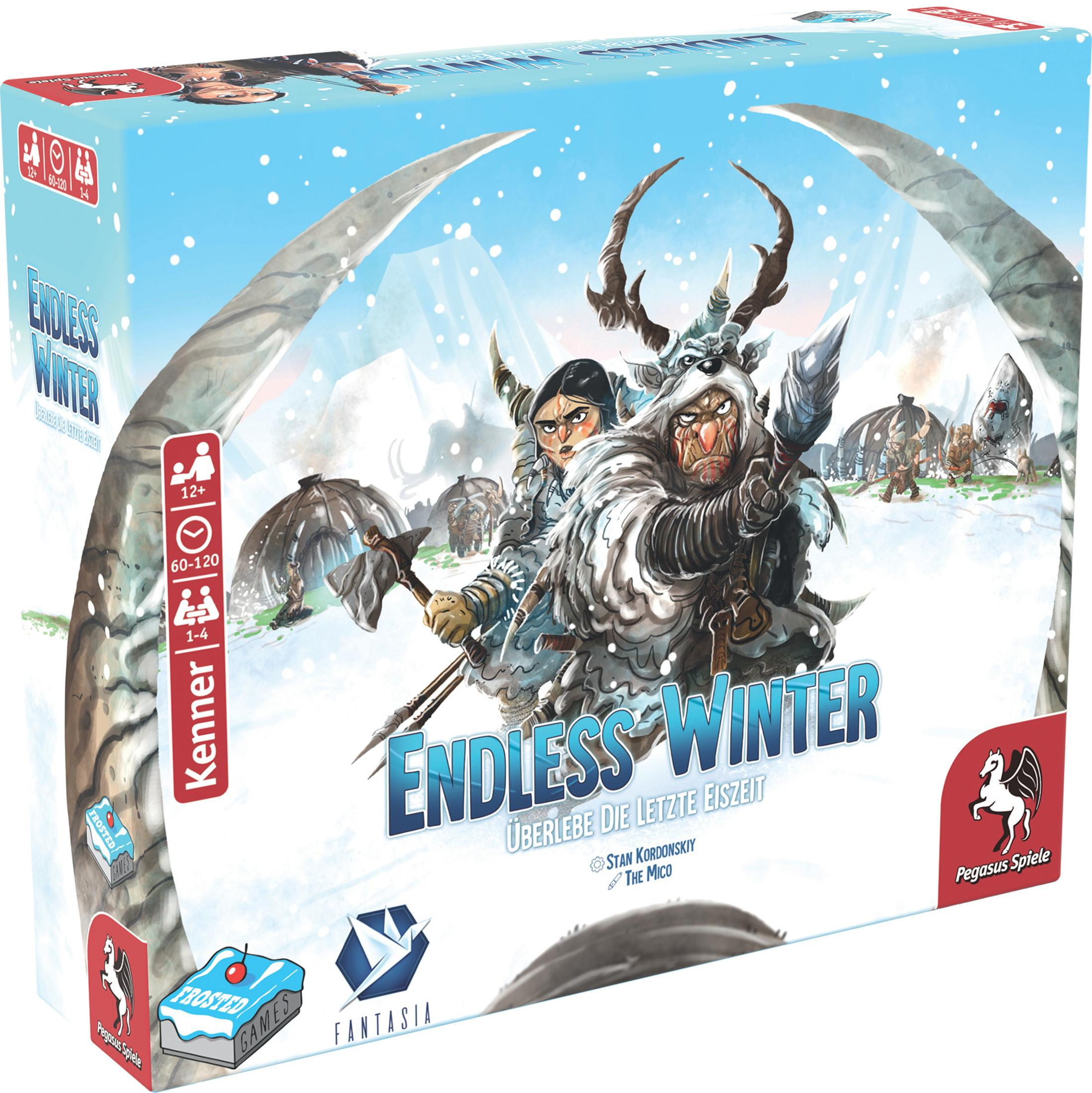 Schachtel für ein Brettspiel, 'Endless Winter', mit einer winterlichen Szene und zwei Figuren.