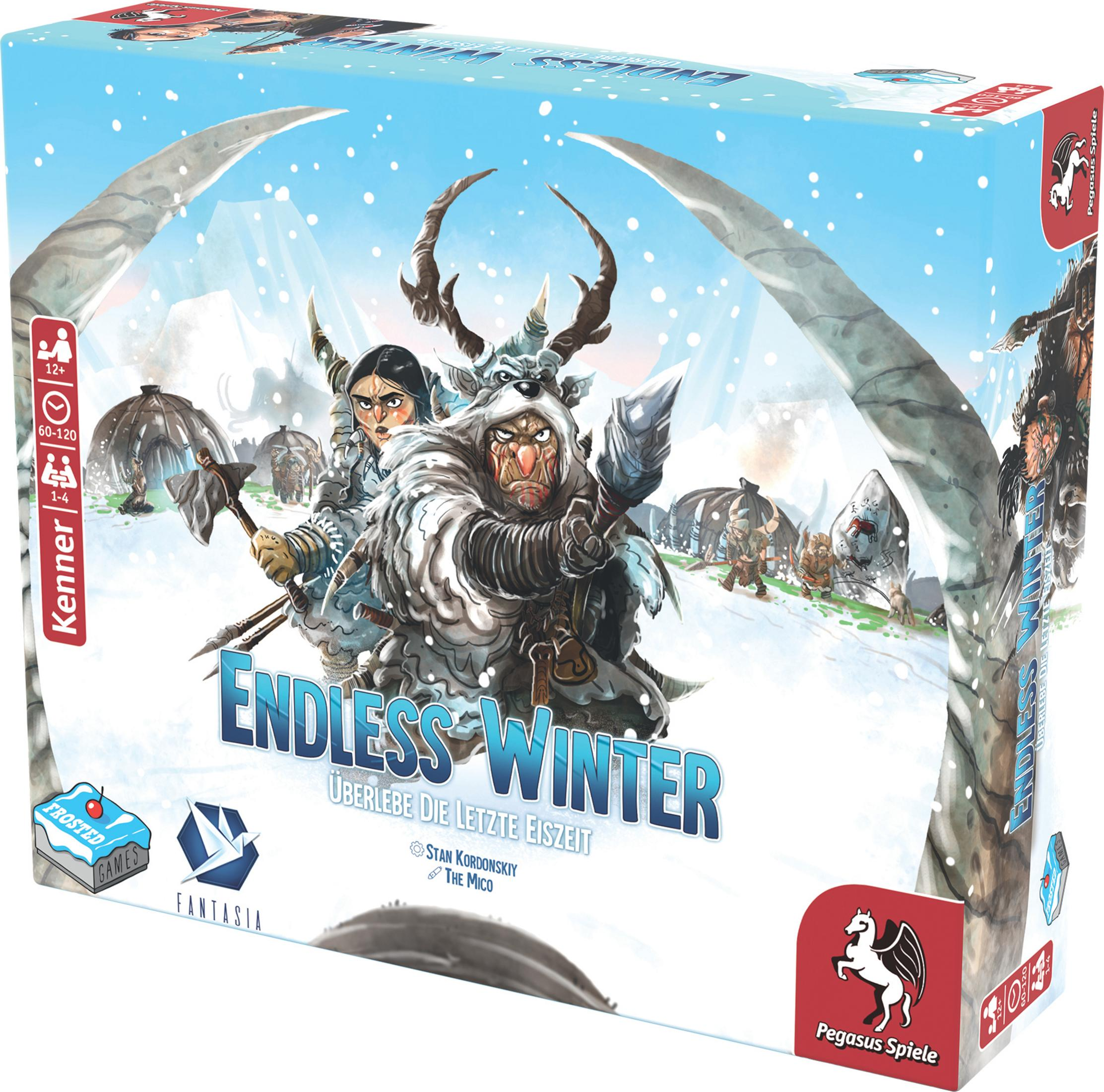 Endless Winter Brettspielbox. Die Box zeigt eine Winterszene mit Menschen und Mammuts.