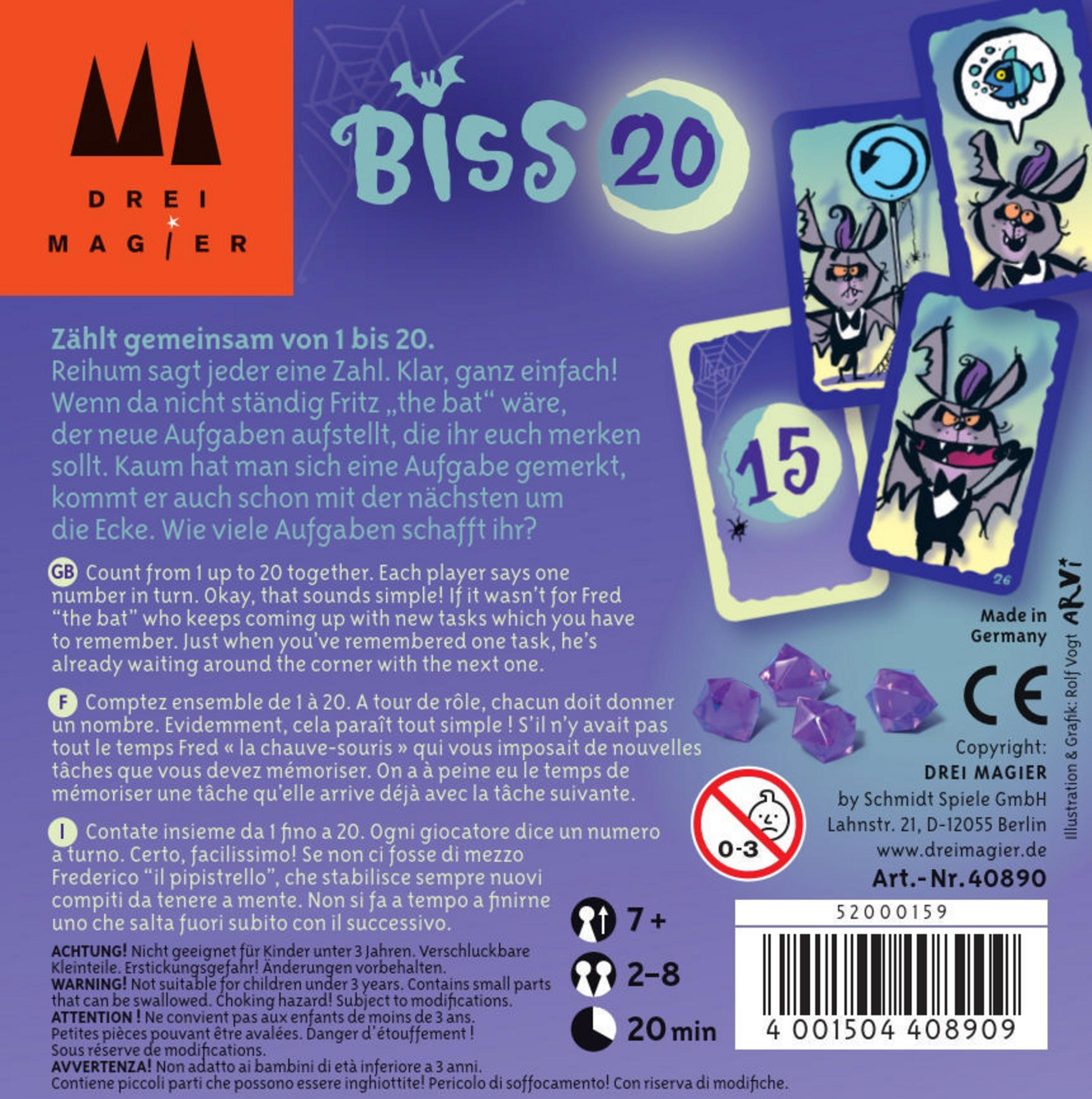 Spielbox-Rückseite. Text und Cartoon-Figuren, darunter eine Fledermaus im Smoking, die eine Karte hält.