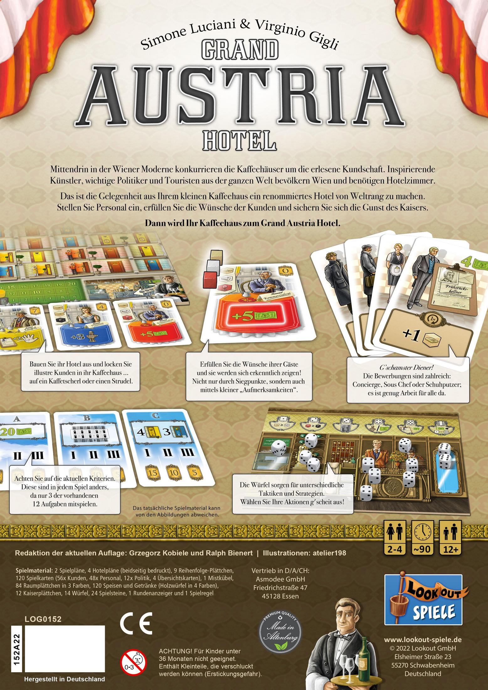 Brettspielbox mit dem Titel 'GRAND AUSTRIA HOTEL' mit Karten und Menschenillustrationen.