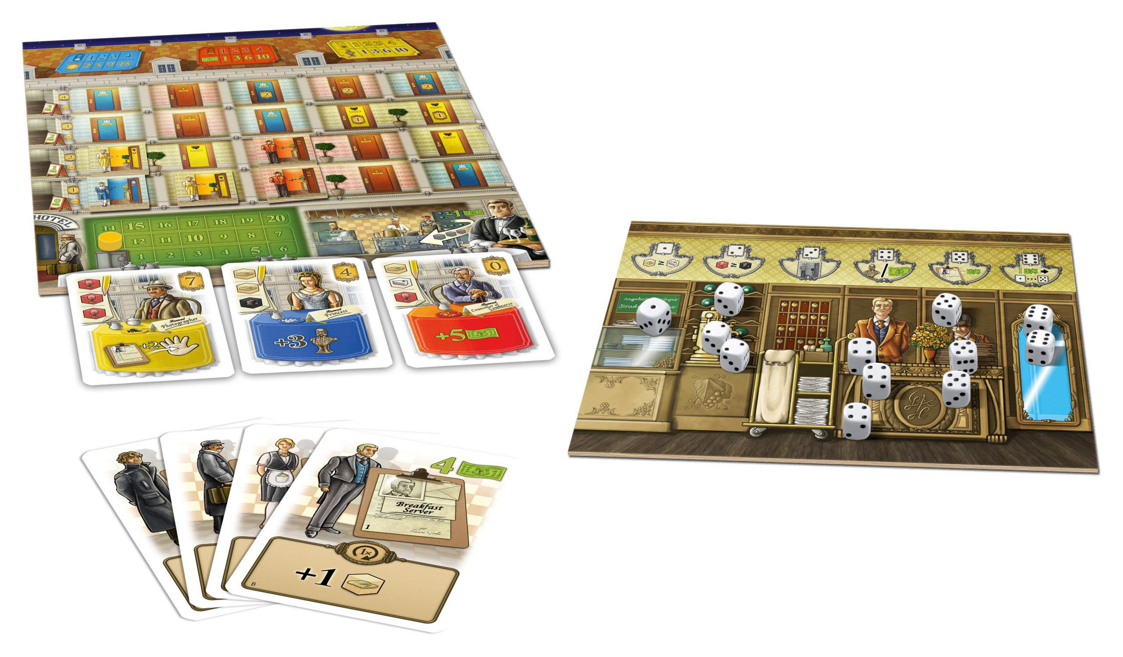 Brettspiel-Komponenten: Spielbrett, Karten und Würfel. Das Spielbrett und die Karten haben Illustrationen.