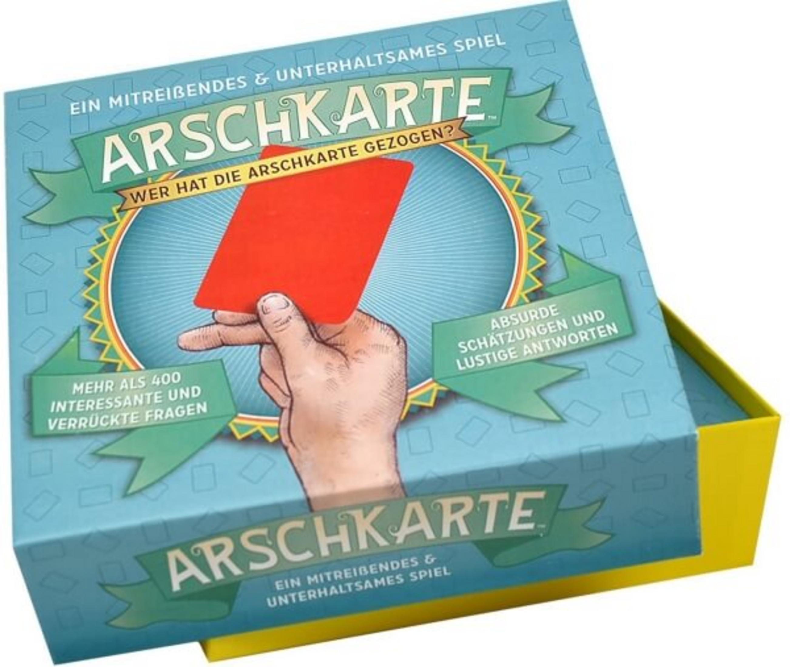 Brettspielbox mit dem Titel 'Arschkarte'. Eine Hand, die eine rote Karte hält, ist im Zentrum. Die Box hat ein blaues und gelbes Thema.