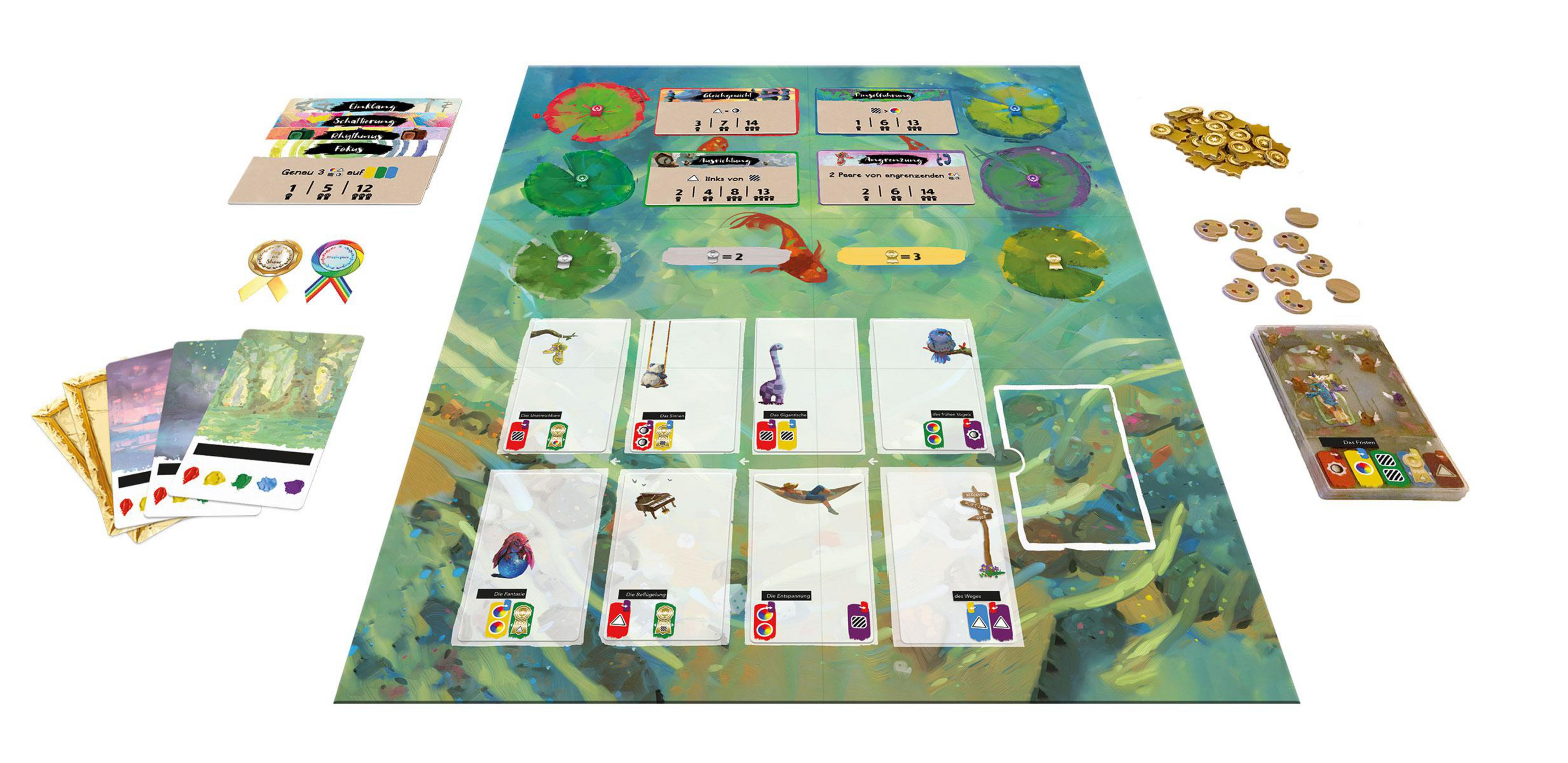 Brettspiel mit verschiedenen Karten, Spielsteinen und einem Spielbrett. Das Brett ist grün und hat ein Koi-Fisch-Design.