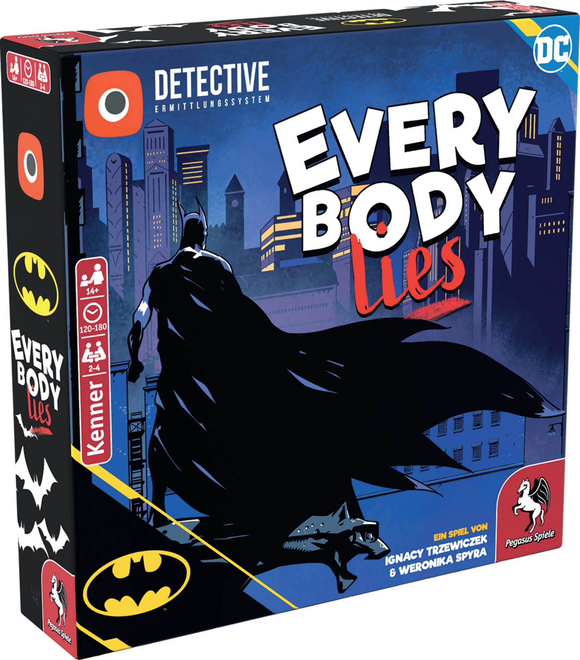 Spielbox-Kunst, 'Every Body Lies' mit Batman-Silhouette, dunkelblauem Hintergrund und Skyline.