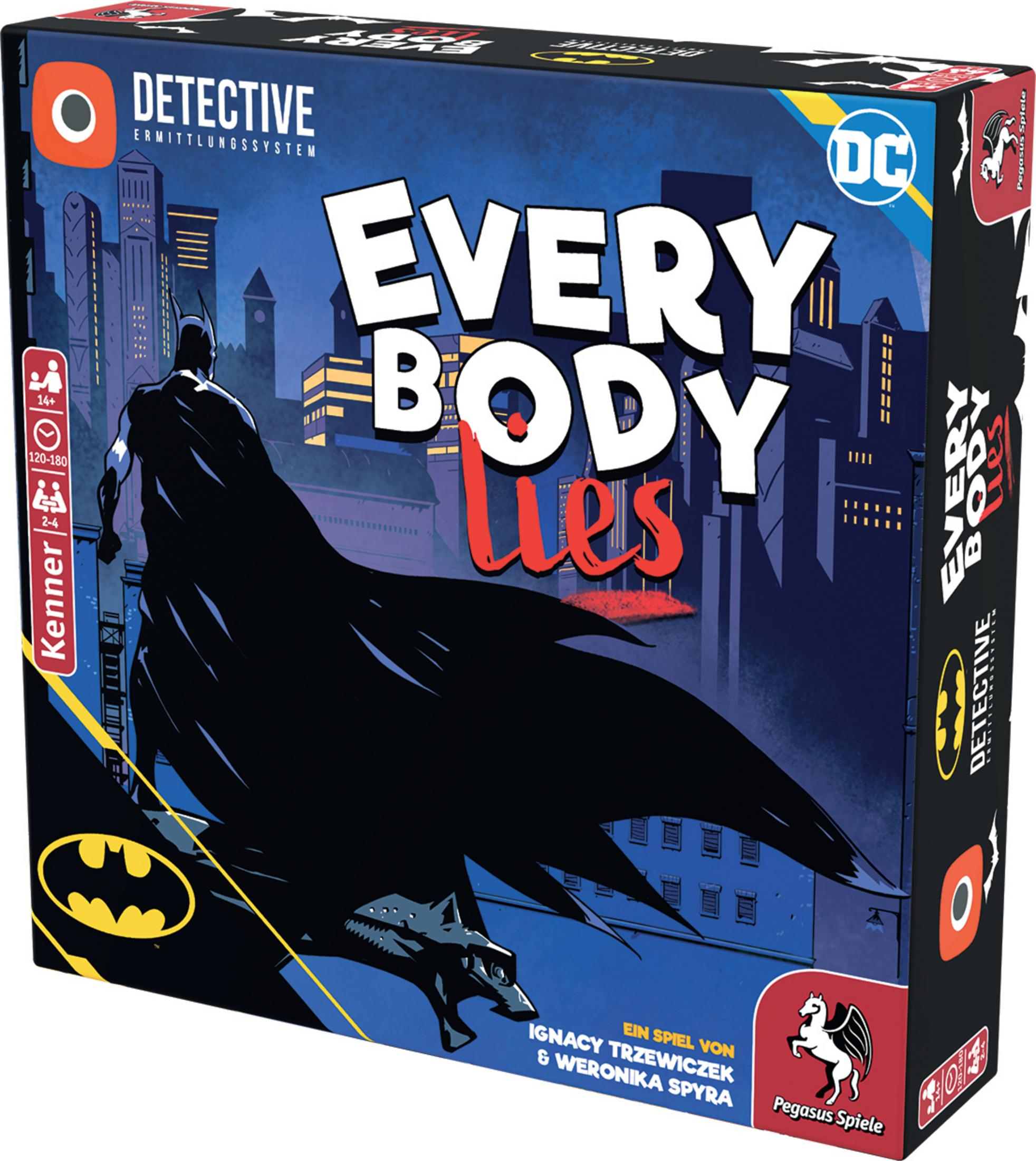 Batman 'Every Body Lies' Spielbox mit Batman-Silhouette und Stadtlandschaft.
