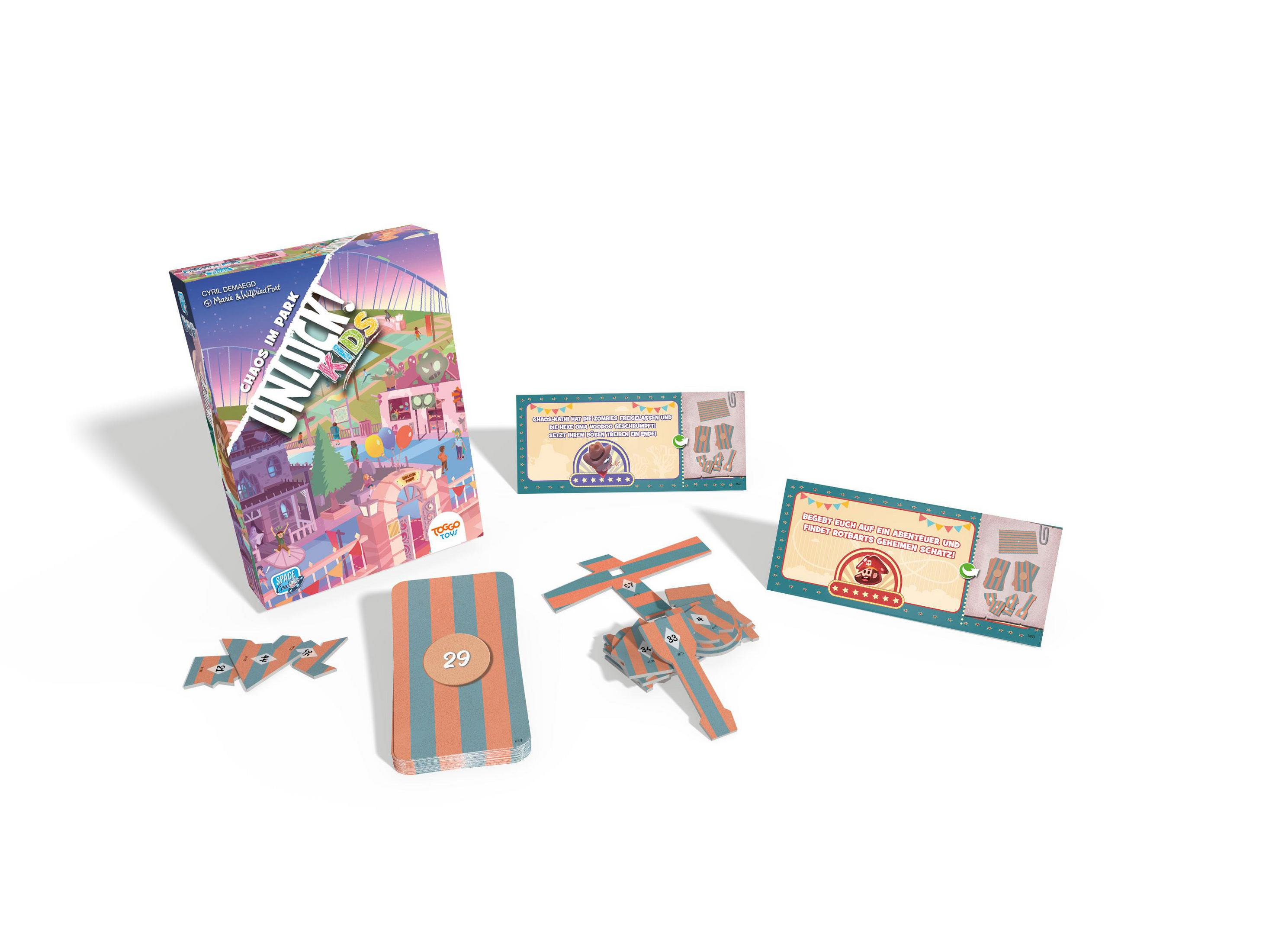 Brettspiel-Setup mit Karten, Spielsteinen und einem Spielbrett. Das Thema ist eine Stadtszene.