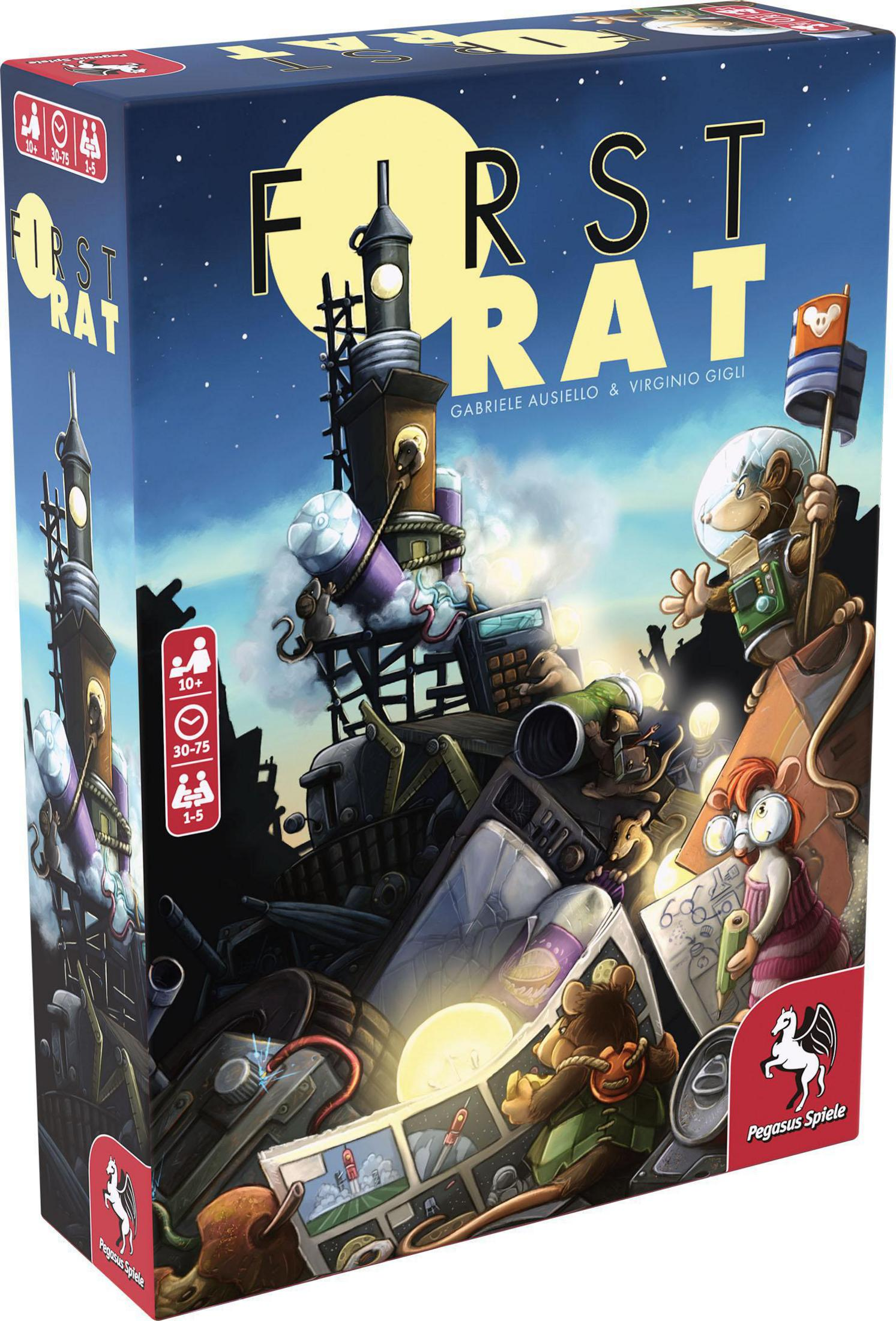 Eine Brettspielbox mit Cartoon-Rattenfiguren vor nächtlicher Stadtkulisse.