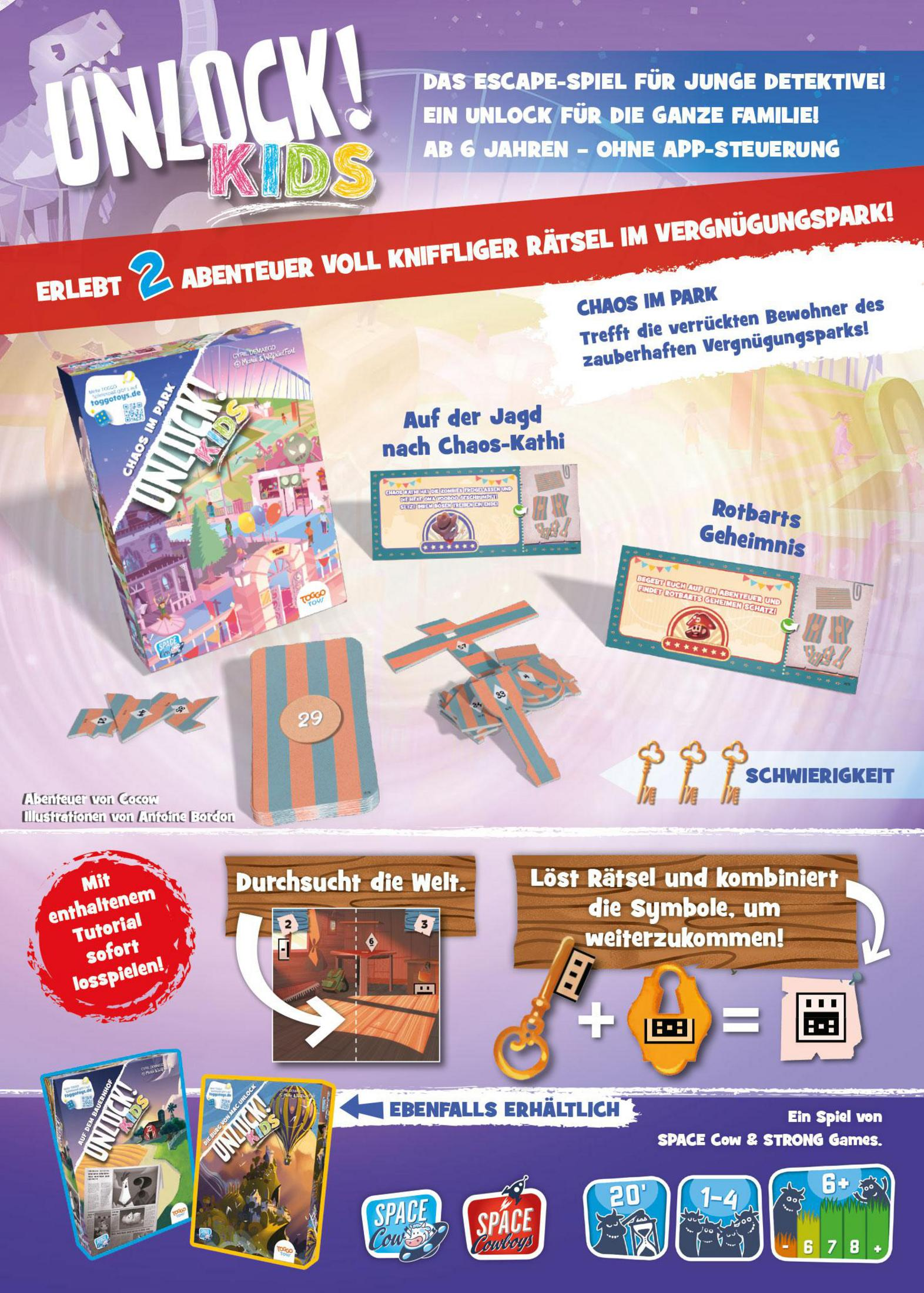 Brettspielbox, Unlock! Kids, mit bunten Illustrationen und Spielkomponenten. Enthält Text und Bilder.