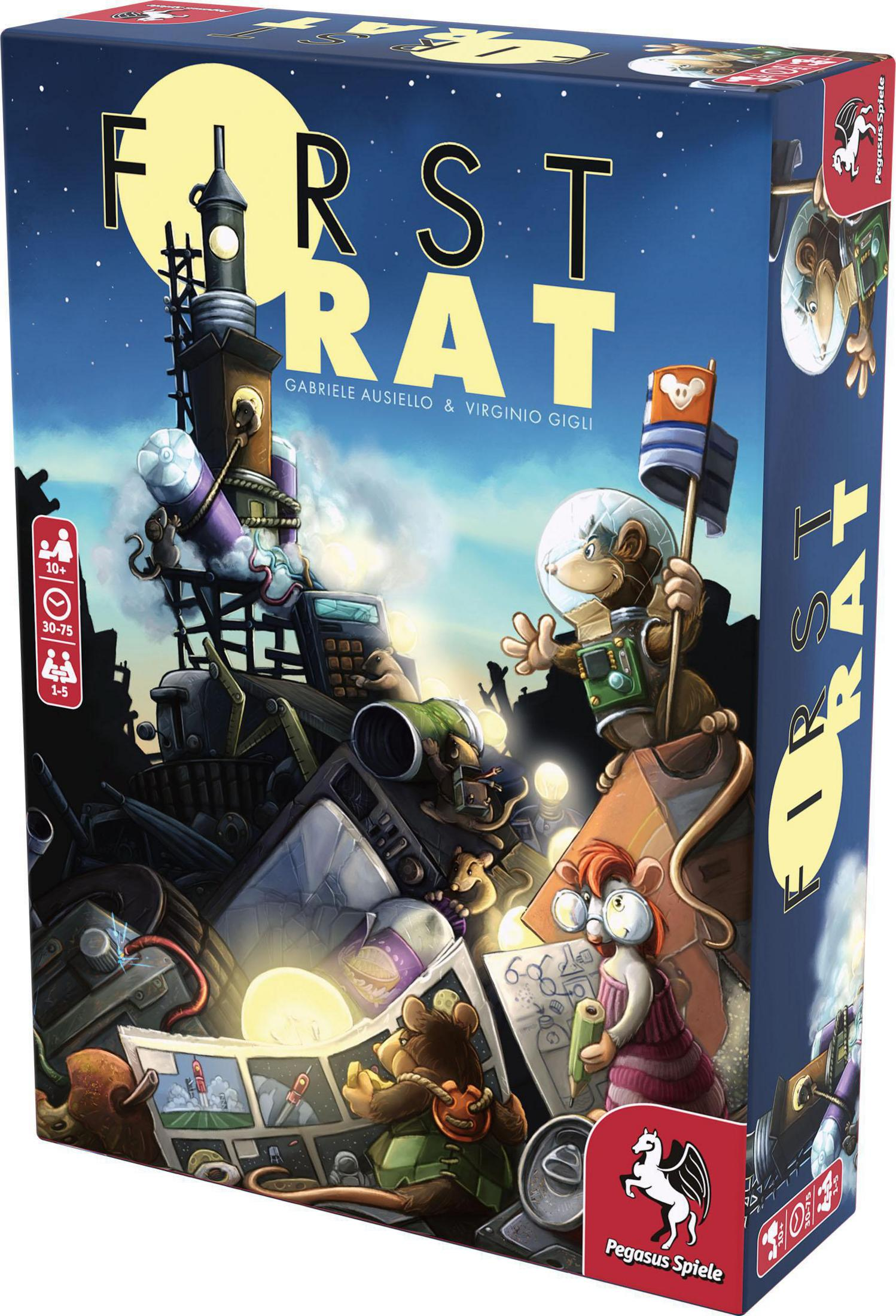 Schachtelkunst für das First Rat Brettspiel. Zeigt Cartoon-Ratten in einer Stadt mit Weltraumthema.